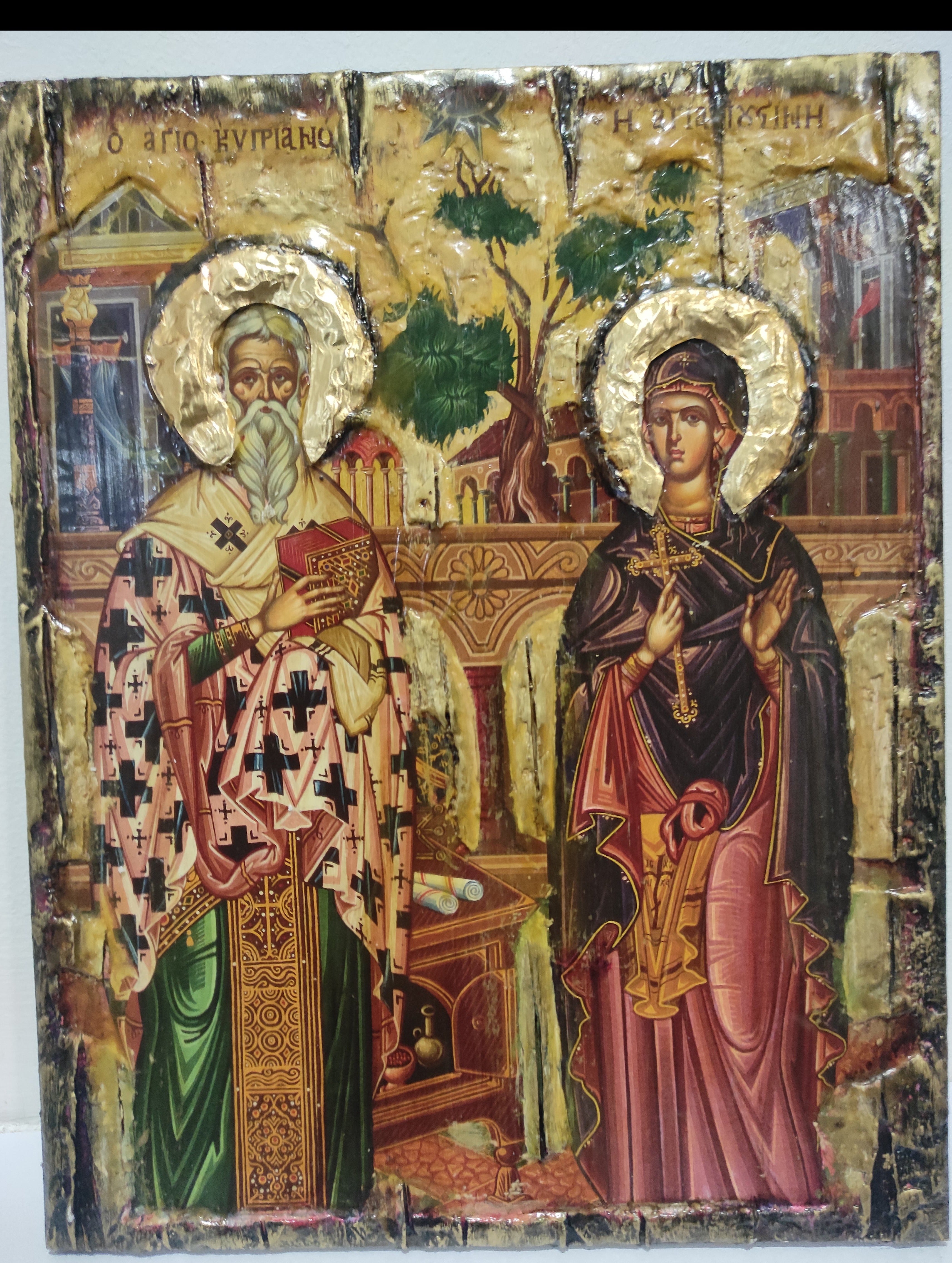 Saints Cyprian, Hieromartyr, Bishop of Carthago and Justina, Virgin-Martyr, of Nicomedia, Full Body Icon-Greek Byzantine Icons