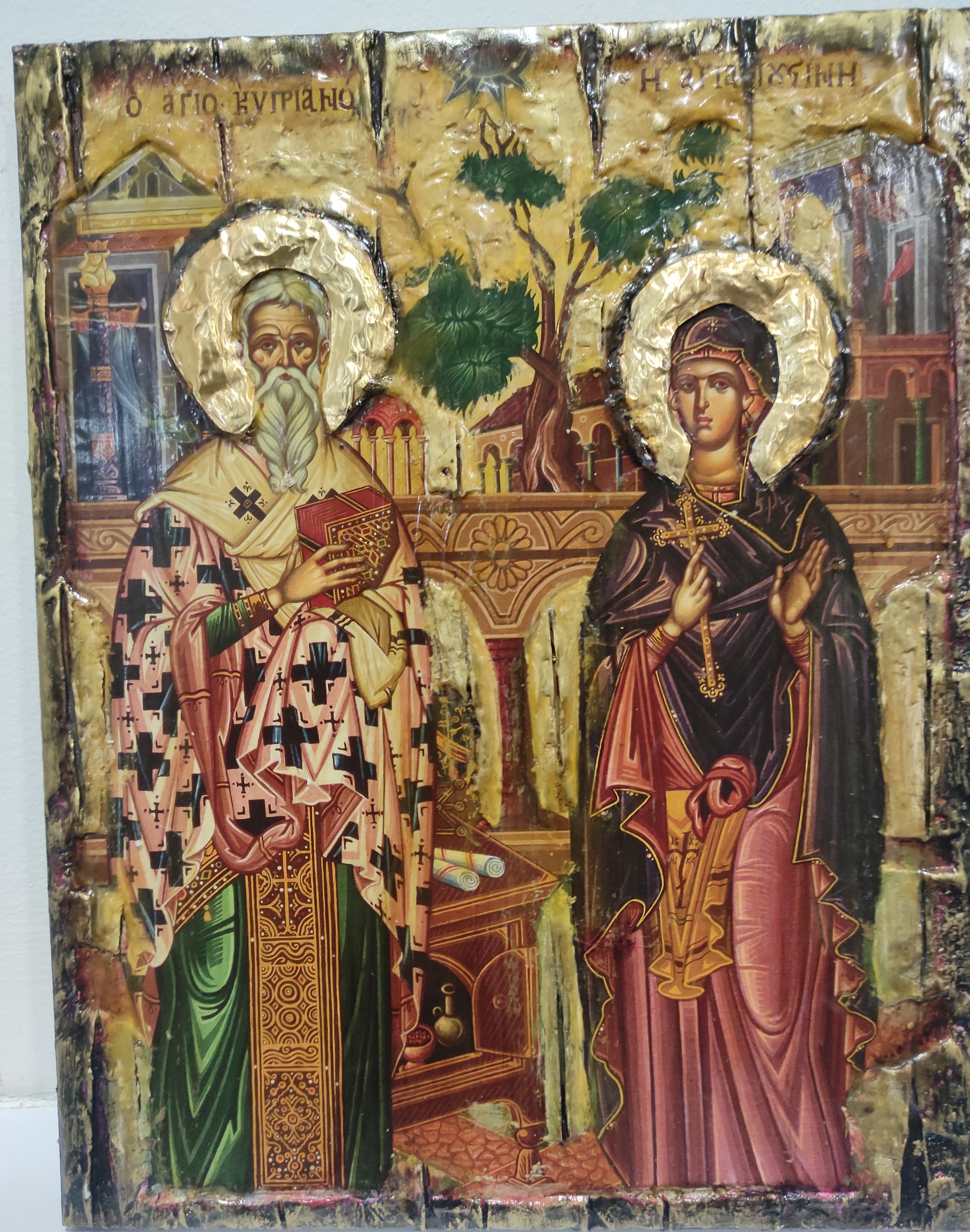 Saints Cyprian, Hieromartyr, Bishop of Carthago and Justina, Virgin-Martyr, of Nicomedia, Full Body Icon-Greek Byzantine Icons