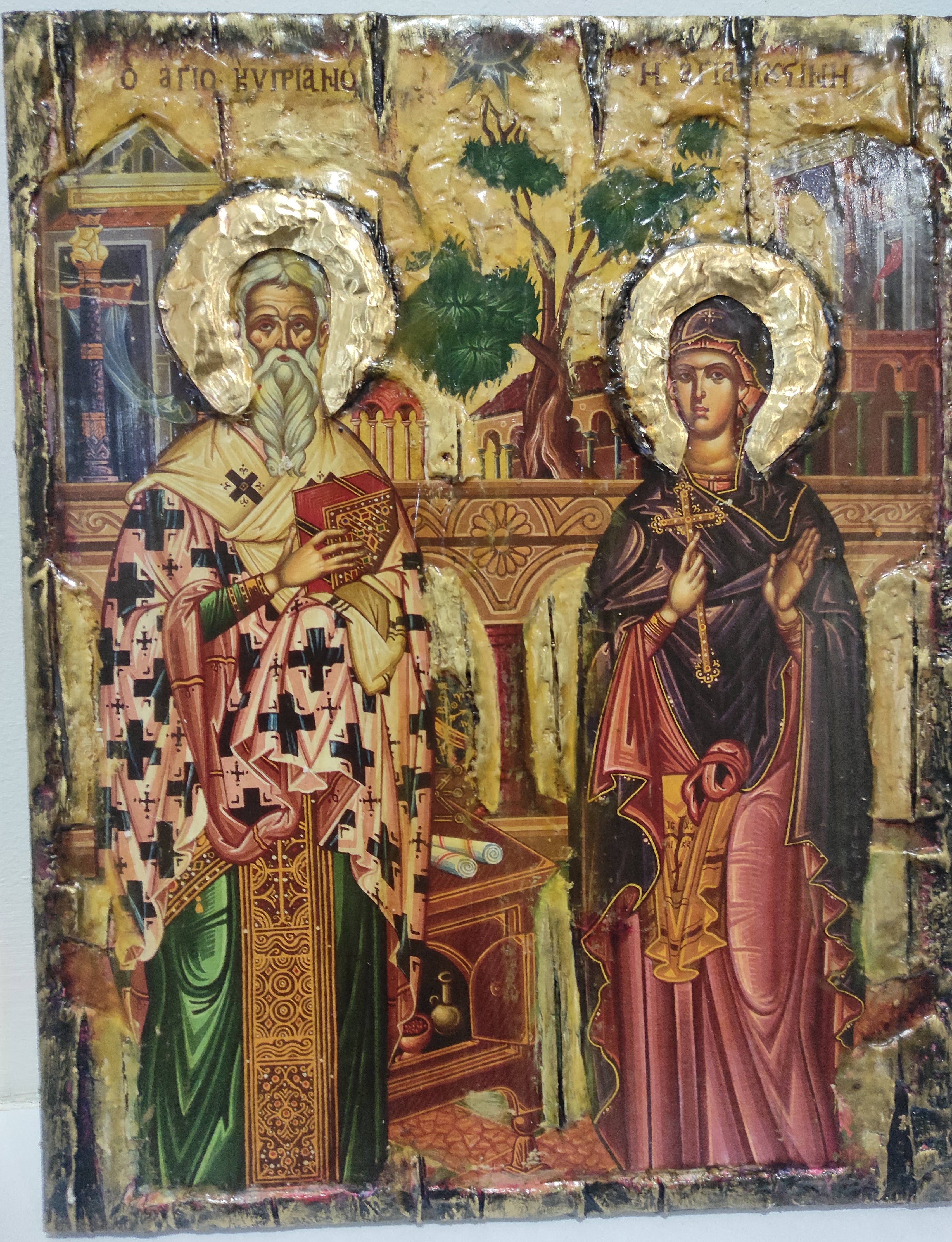 Saints Cyprian, Hieromartyr, Bishop of Carthago and Justina, Virgin-Martyr, of Nicomedia, Full Body Icon-Greek Byzantine Icons