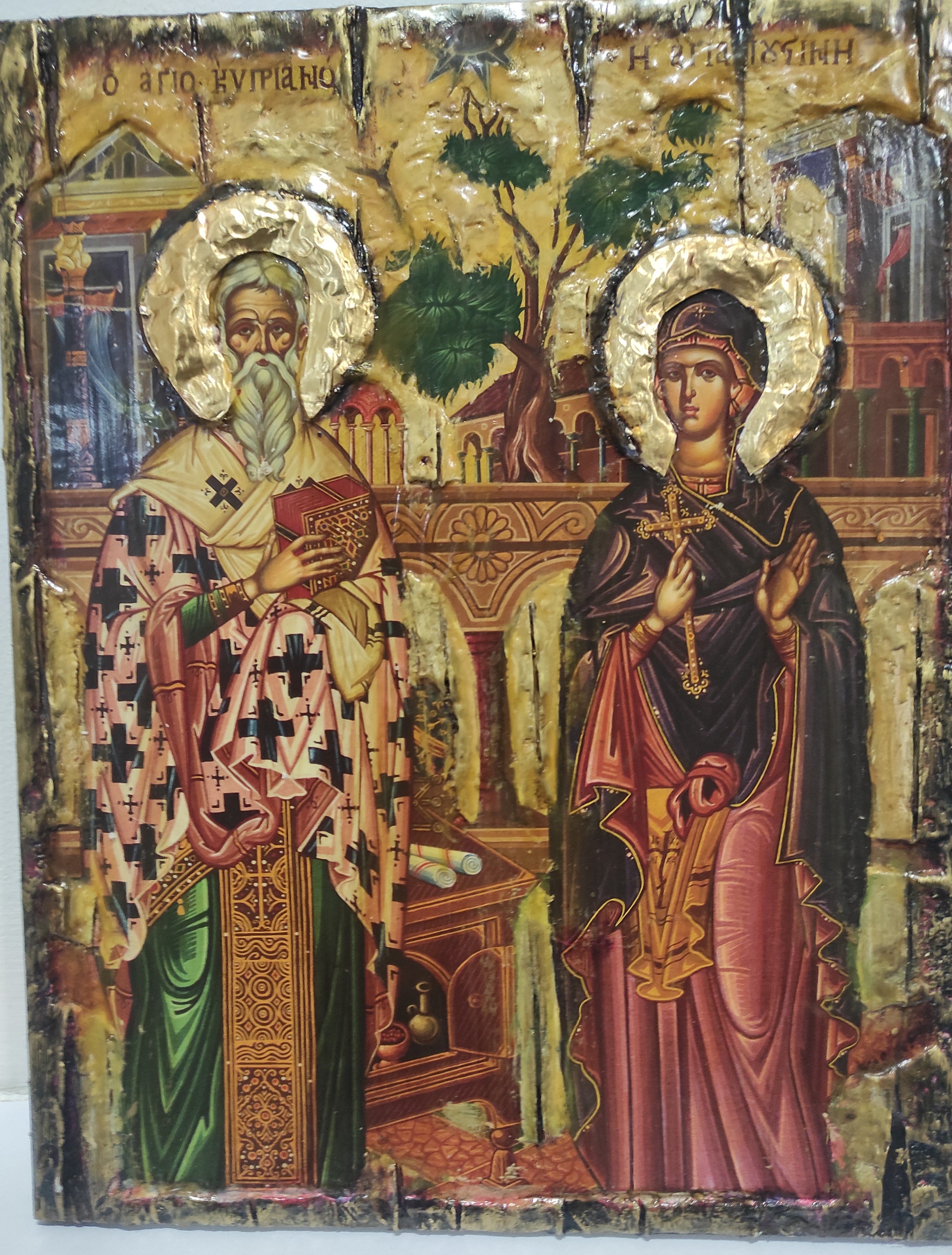 Saints Cyprian, Hieromartyr, Bishop of Carthago and Justina, Virgin-Martyr, of Nicomedia, Full Body Icon-Greek Byzantine Icons