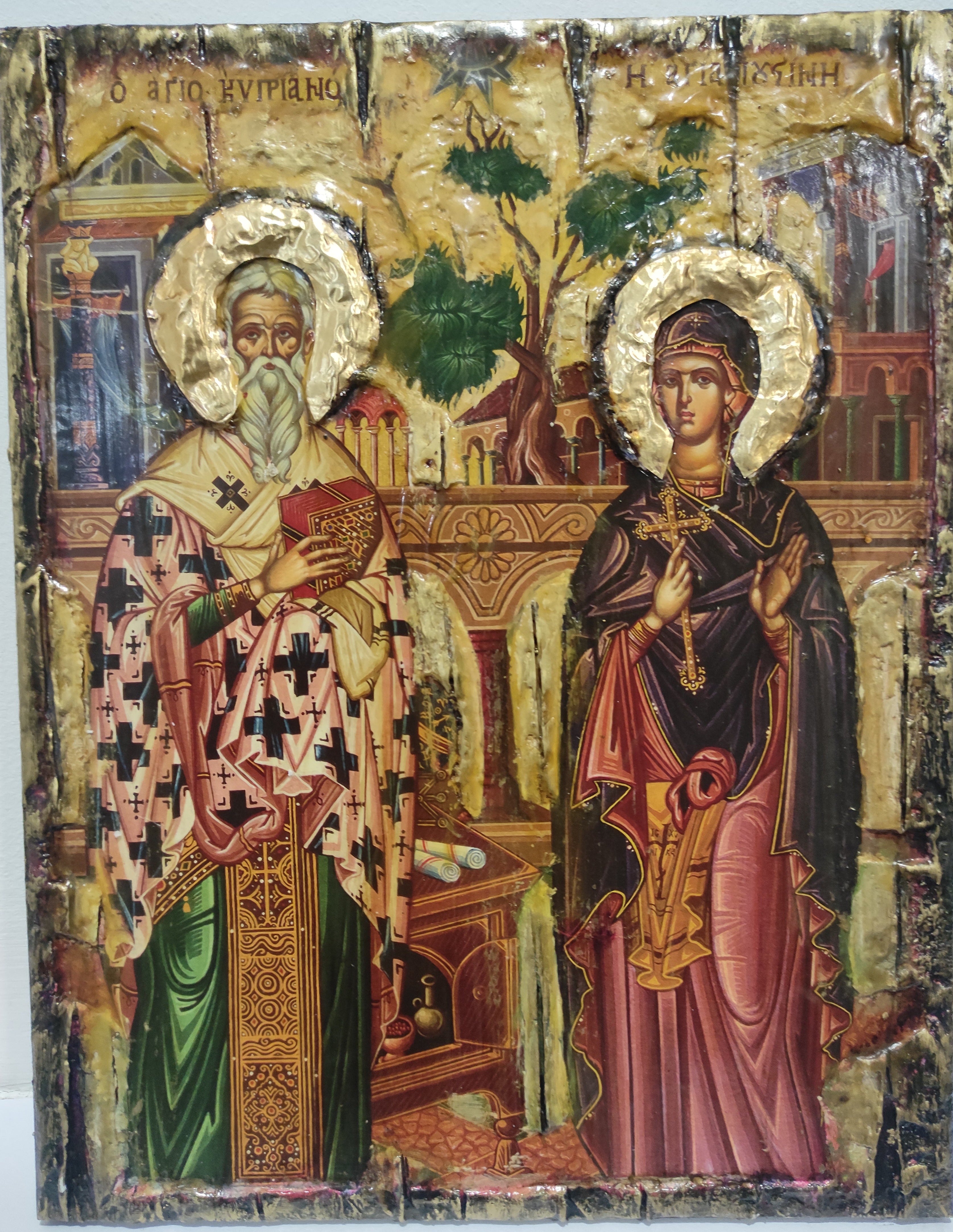 Saints Cyprian, Hieromartyr, Bishop of Carthago and Justina, Virgin-Martyr, of Nicomedia, Full Body Icon-Greek Byzantine Icons