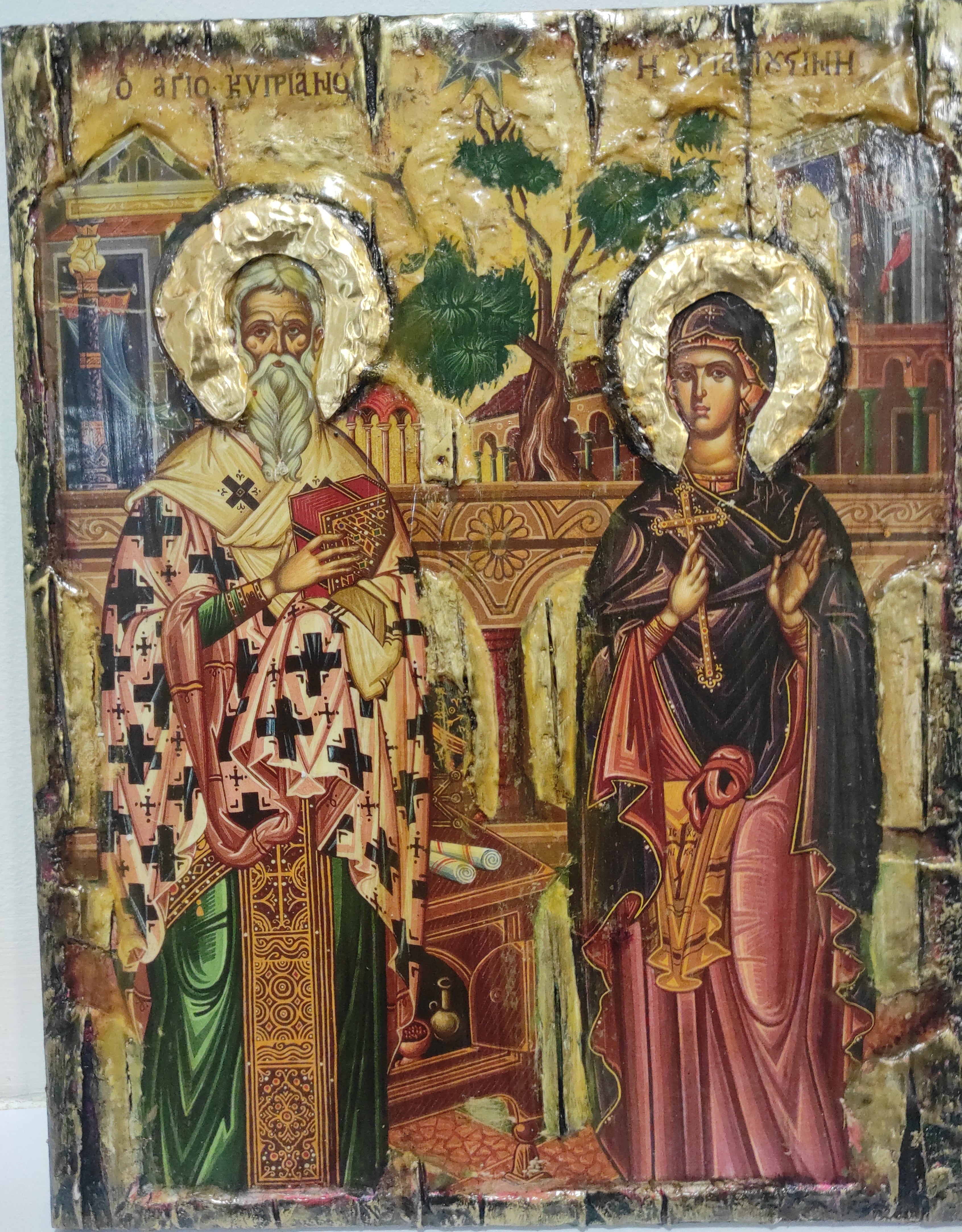 Saints Cyprian, Hieromartyr, Bishop of Carthago and Justina, Virgin-Martyr, of Nicomedia, Full Body Icon-Greek Byzantine Icons