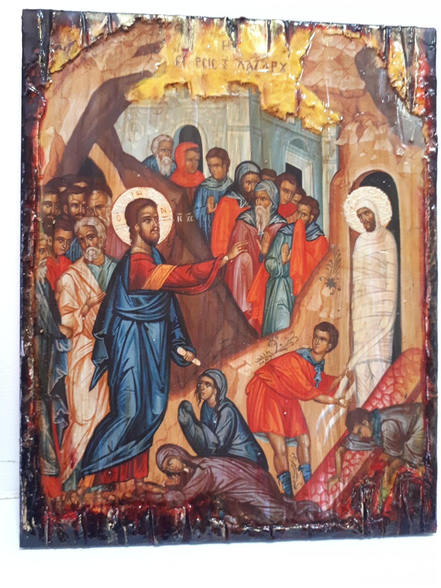 Raising of Lazarus Icon -Orthodox Greek Byzantine Wood Antique Style Icons - Vanas Collection