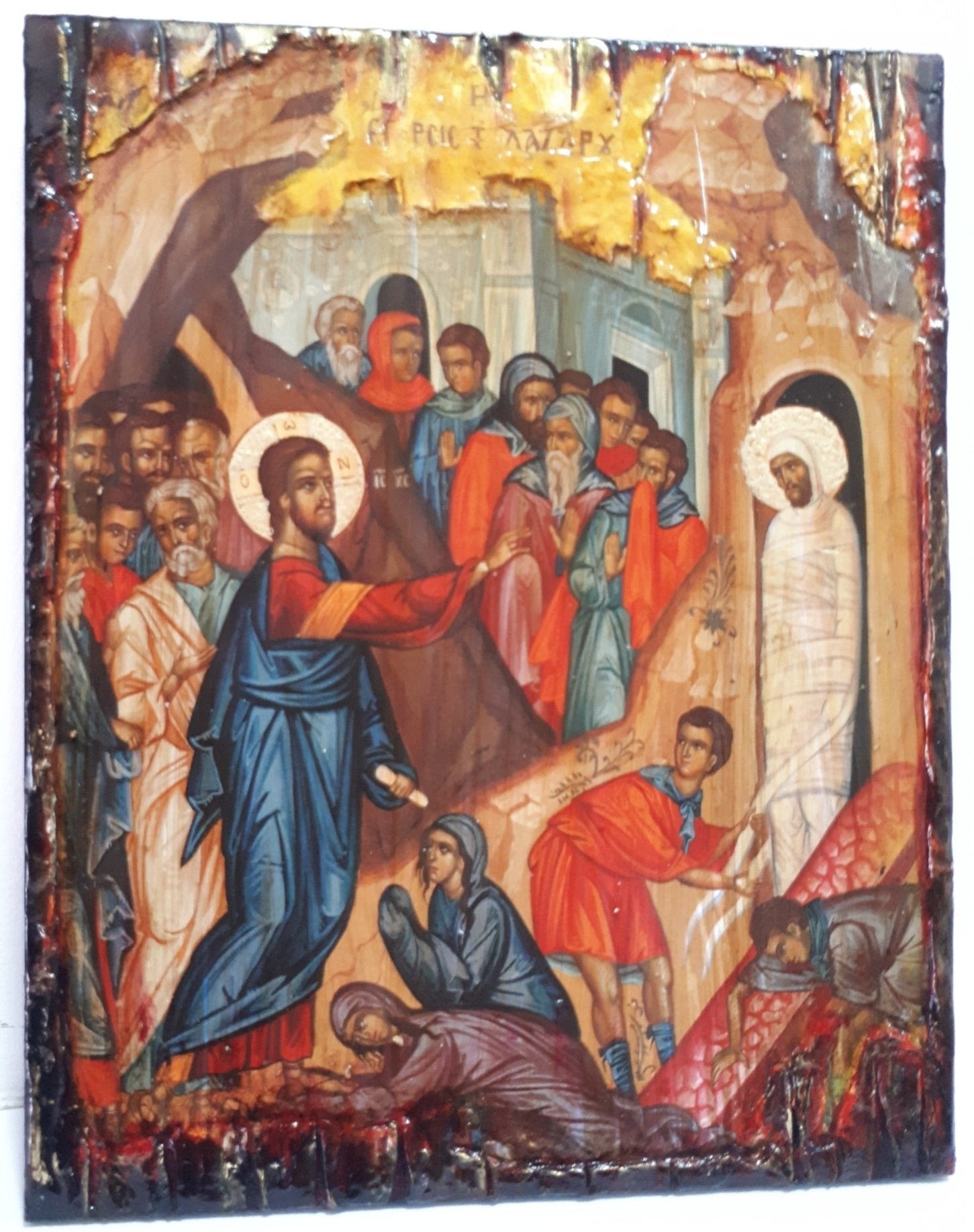 Raising of Lazarus Icon -Orthodox Greek Byzantine Wood Antique Style Icons - Vanas Collection