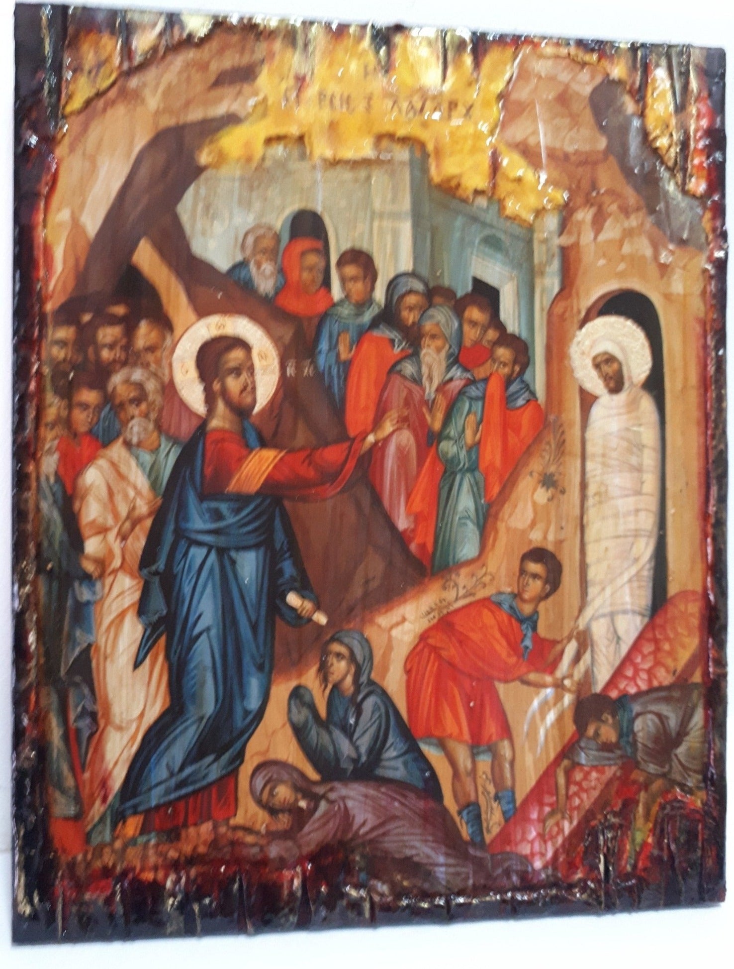 Raising of Lazarus Icon -Orthodox Greek Byzantine Wood Antique Style Icons - Vanas Collection