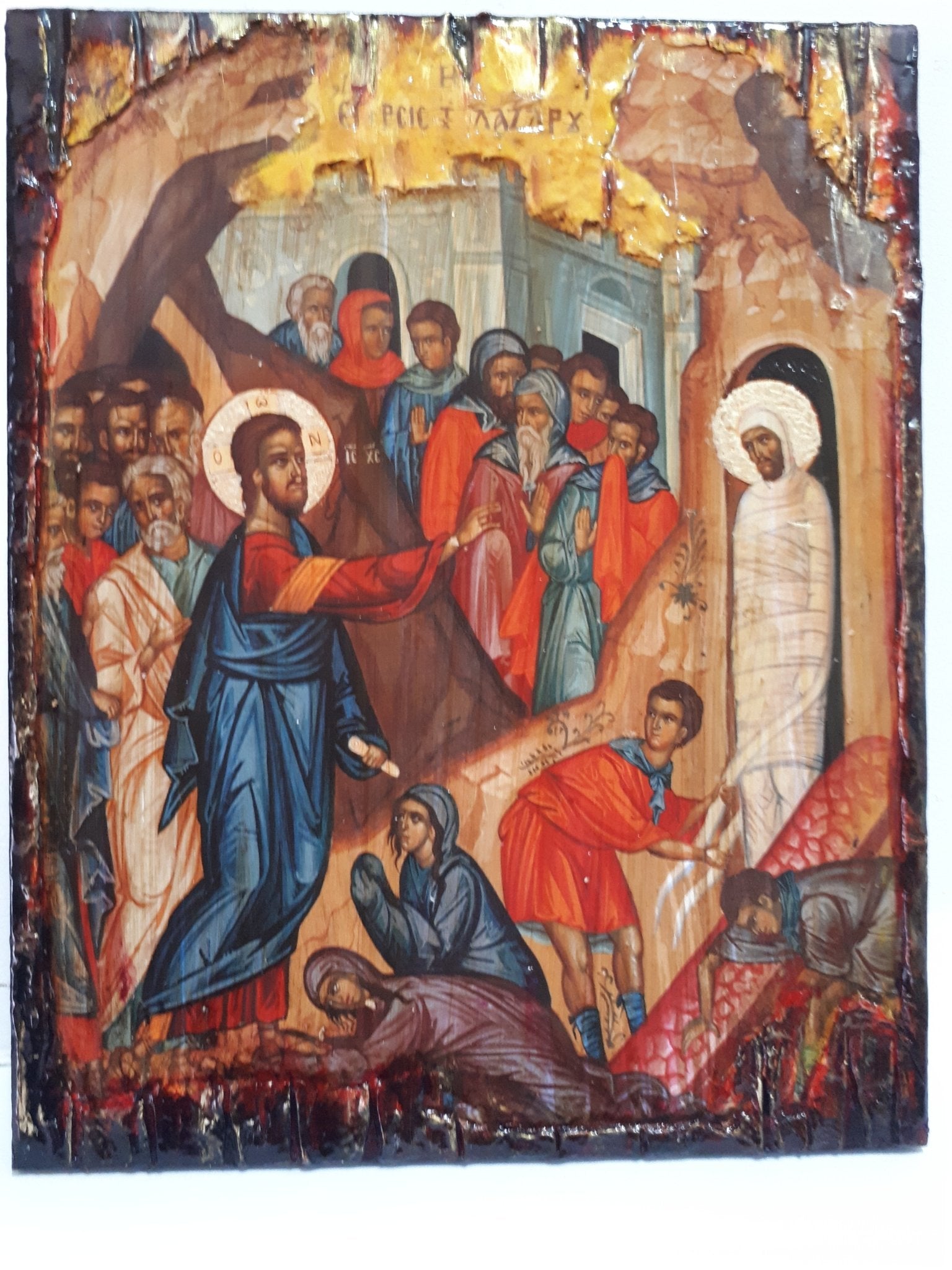 Raising of Lazarus Icon -Orthodox Greek Byzantine Wood Antique Style Icons - Vanas Collection