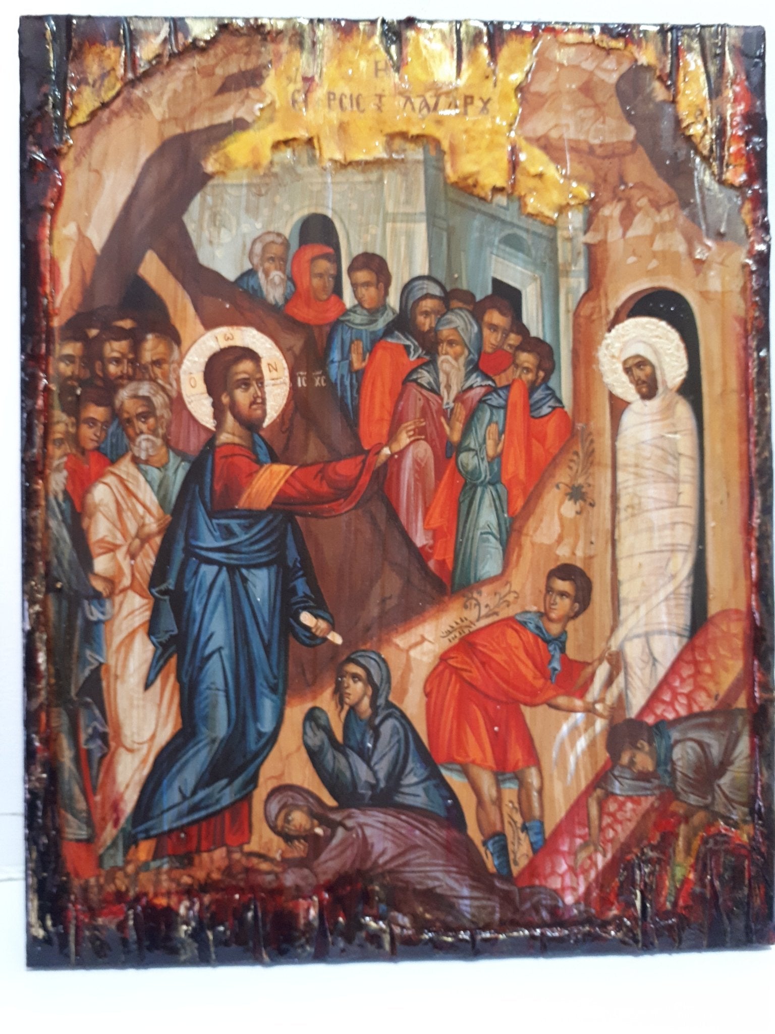 Raising of Lazarus Icon -Orthodox Greek Byzantine Wood Antique Style Icons - Vanas Collection