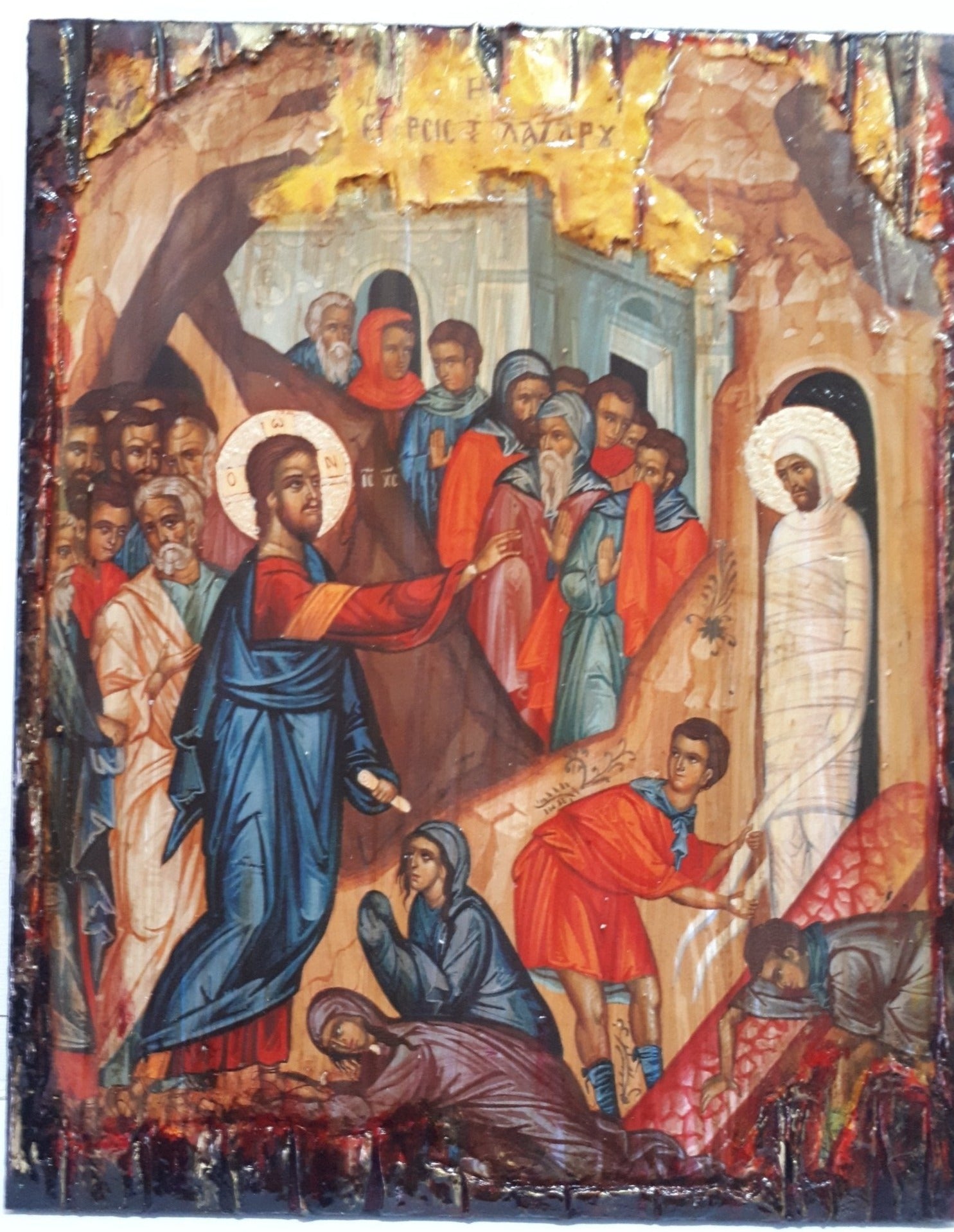 Raising of Lazarus Icon -Orthodox Greek Byzantine Wood Antique Style Icons - Vanas Collection