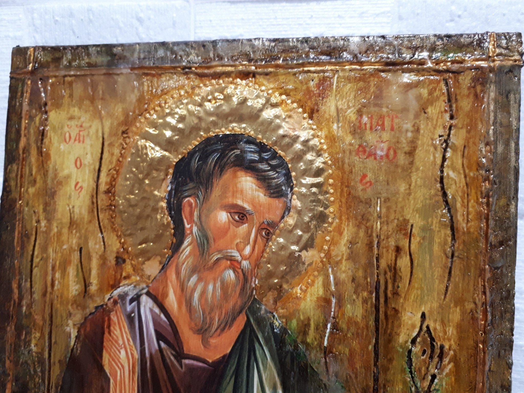 Saint St Mathew Icon Greek Orthodox Wood "ΑΓΙΟΣ ΜΑΤΘΑΪΟΣ" Handmade - Vanas Collection