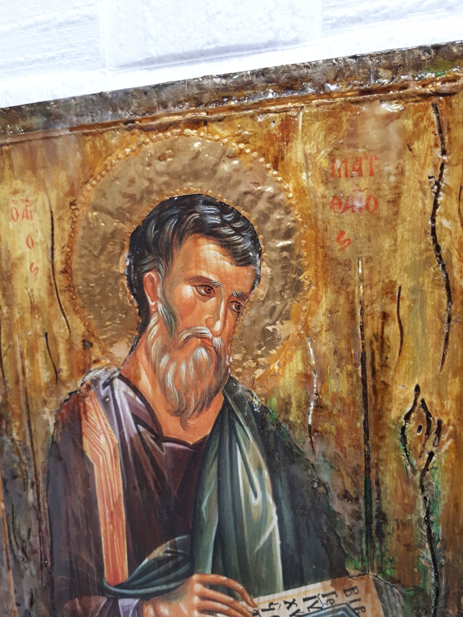 Saint St Mathew Icon Greek Orthodox Wood "ΑΓΙΟΣ ΜΑΤΘΑΪΟΣ" Handmade - Vanas Collection