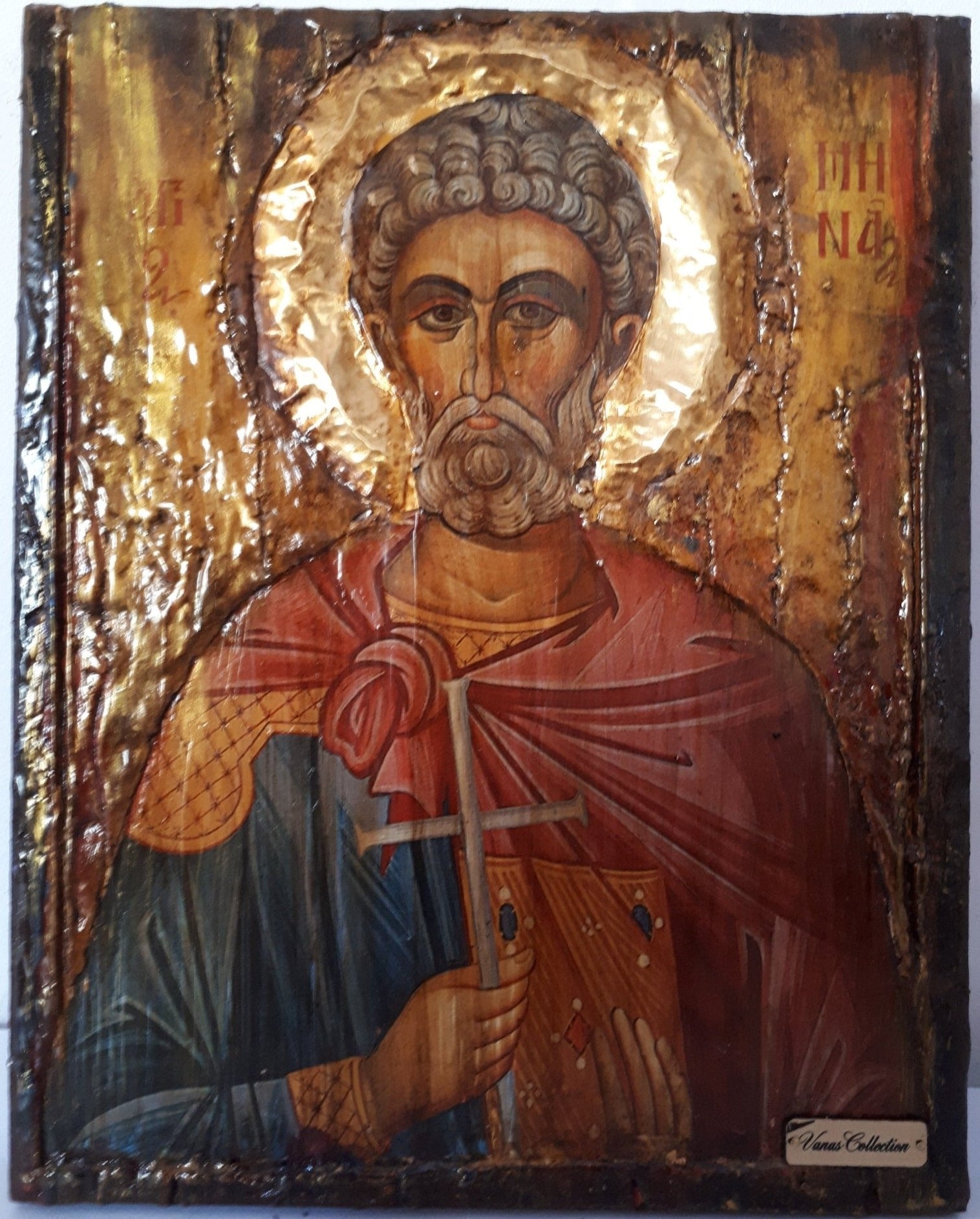 Saint St Menas Minas Icon Greek Orthodox Byzantine Handmade Icons Antique Style - Vanas Collection