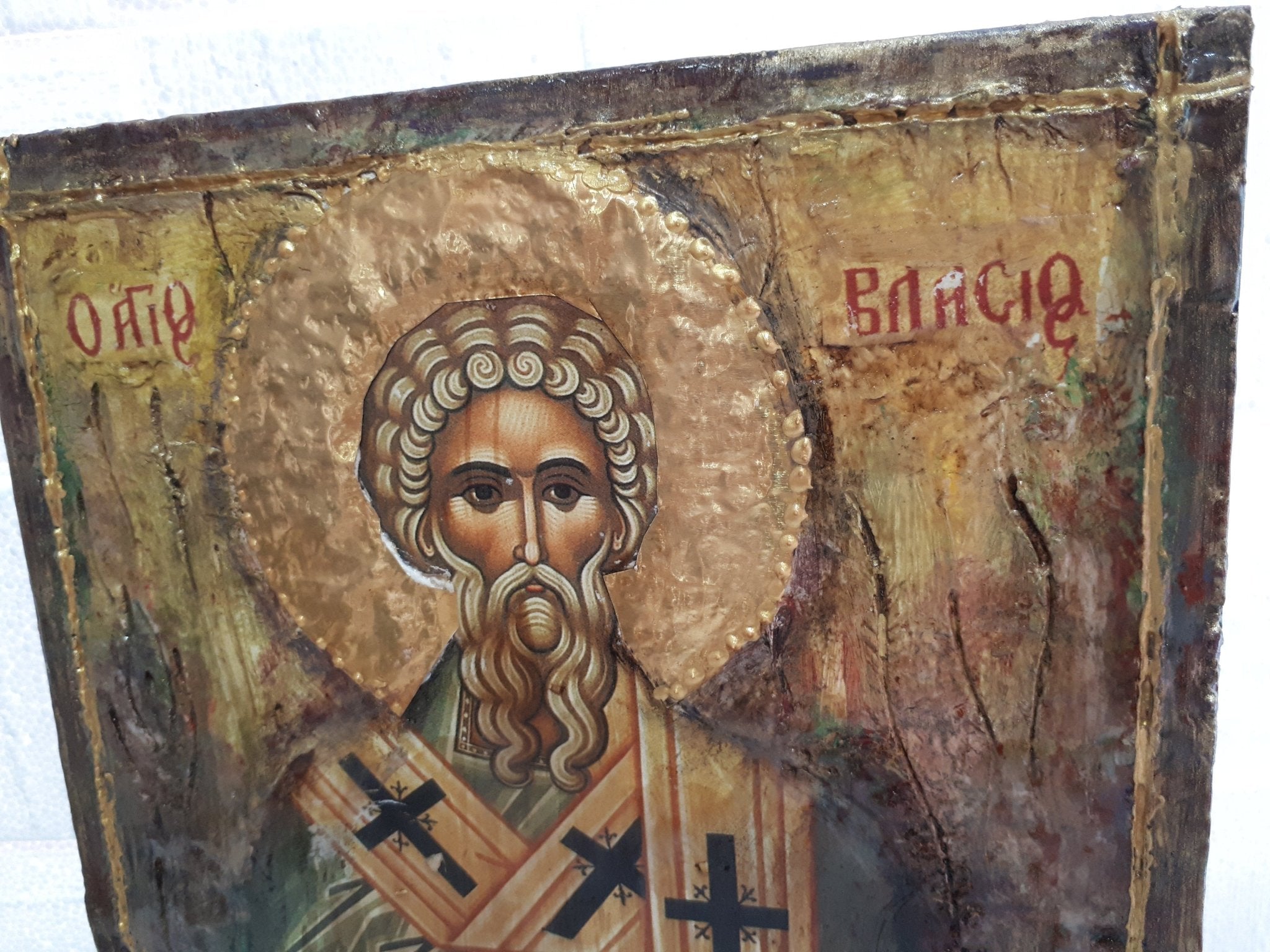 Saint St. Vlasios Christian Religious Handmade Icon - Vanas Collection