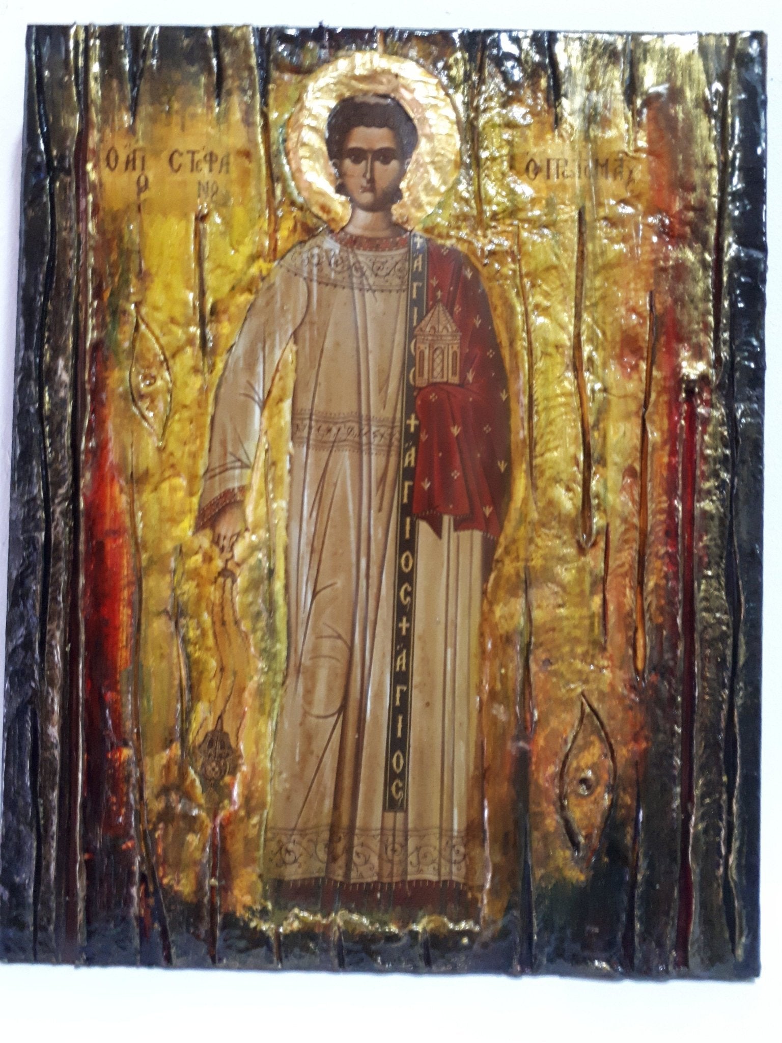 Saint Stefanos Stephen Wooden Greek Icon-Christian Orthodox Wood Icons - Vanas Collection