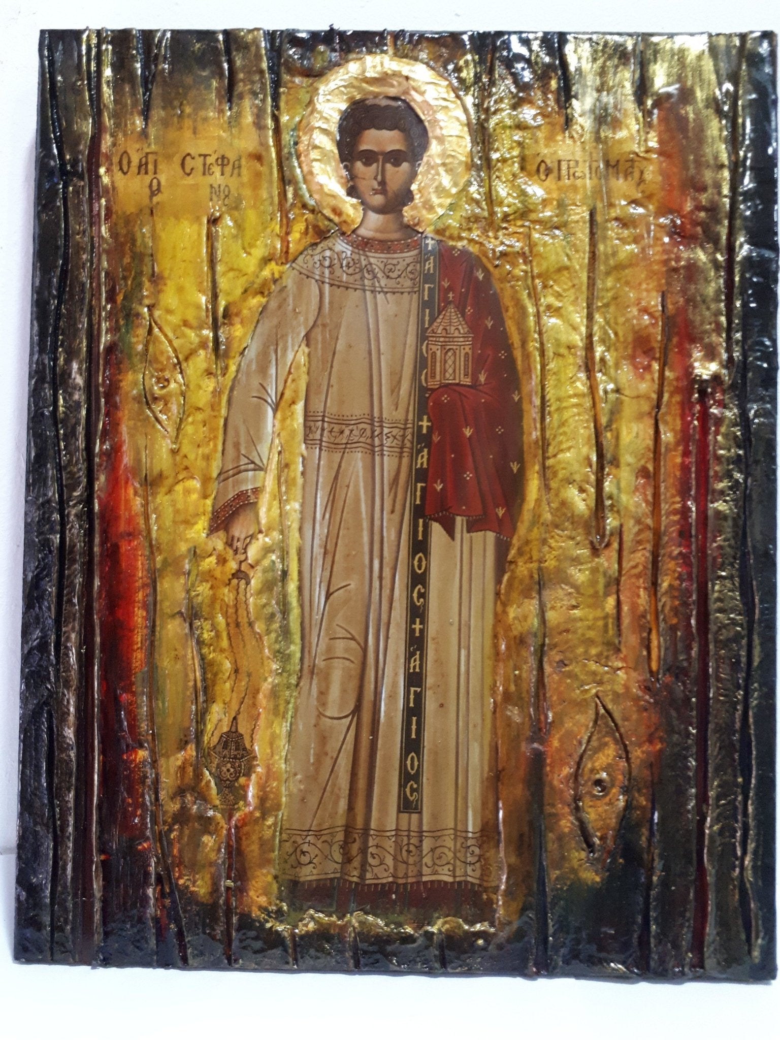 Saint Stefanos Stephen Wooden Greek Icon-Christian Orthodox Wood Icons - Vanas Collection