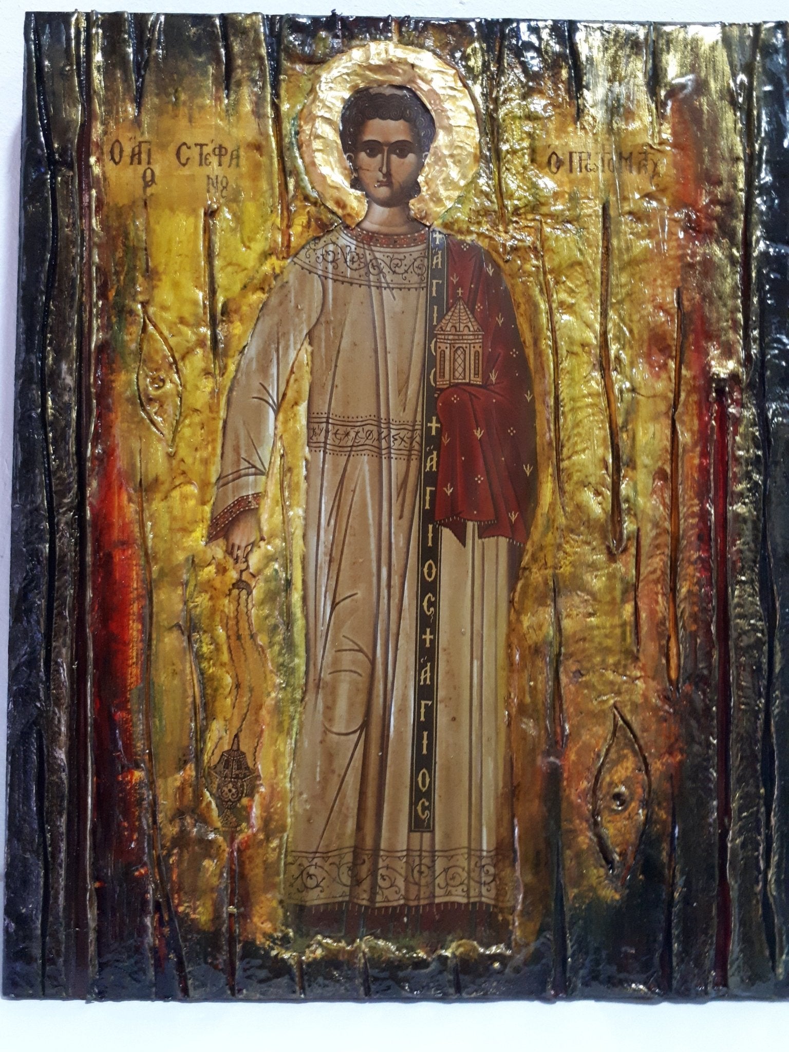 Saint Stefanos Stephen Wooden Greek Icon-Christian Orthodox Wood Icons - Vanas Collection