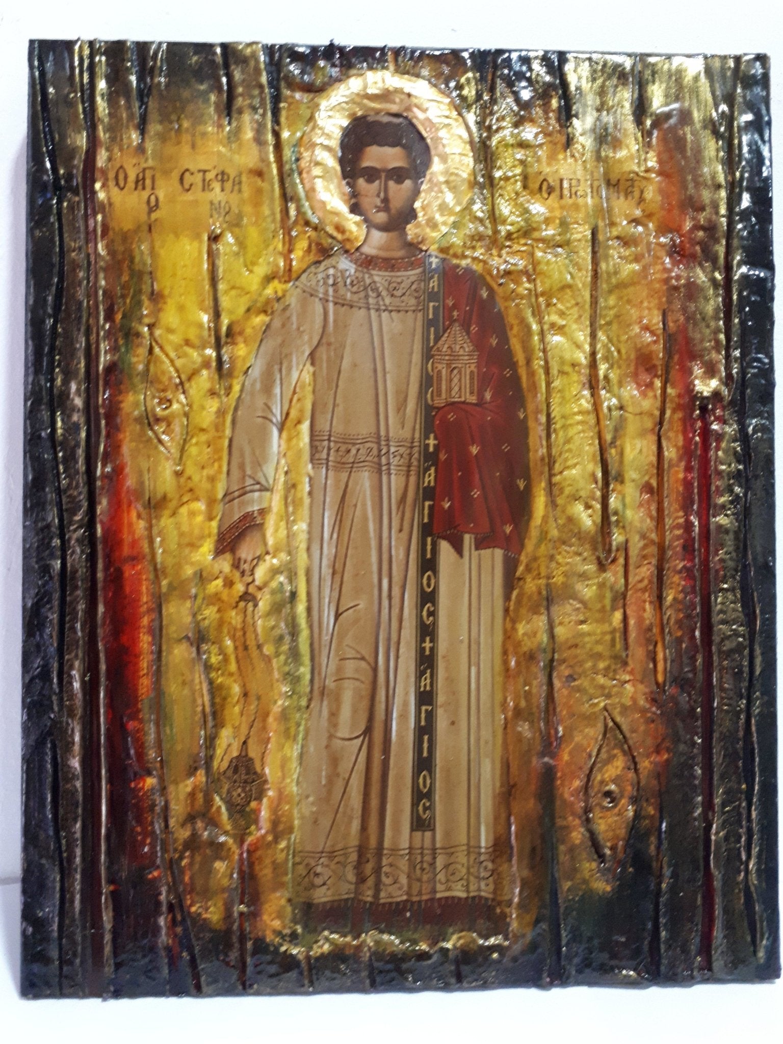 Saint Stefanos Stephen Wooden Greek Icon-Christian Orthodox Wood Icons - Vanas Collection