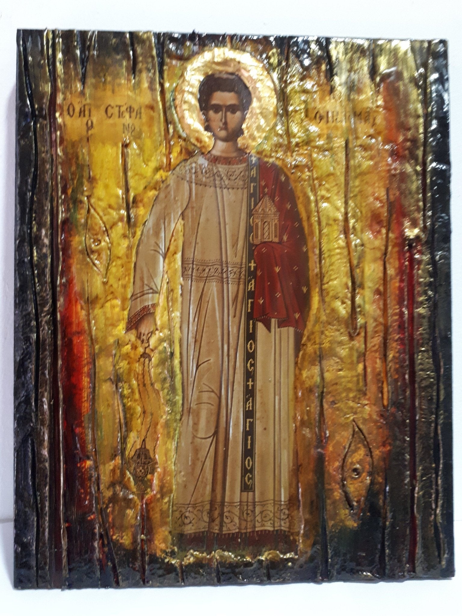 Saint Stefanos Stephen Wooden Greek Icon-Christian Orthodox Wood Icons - Vanas Collection