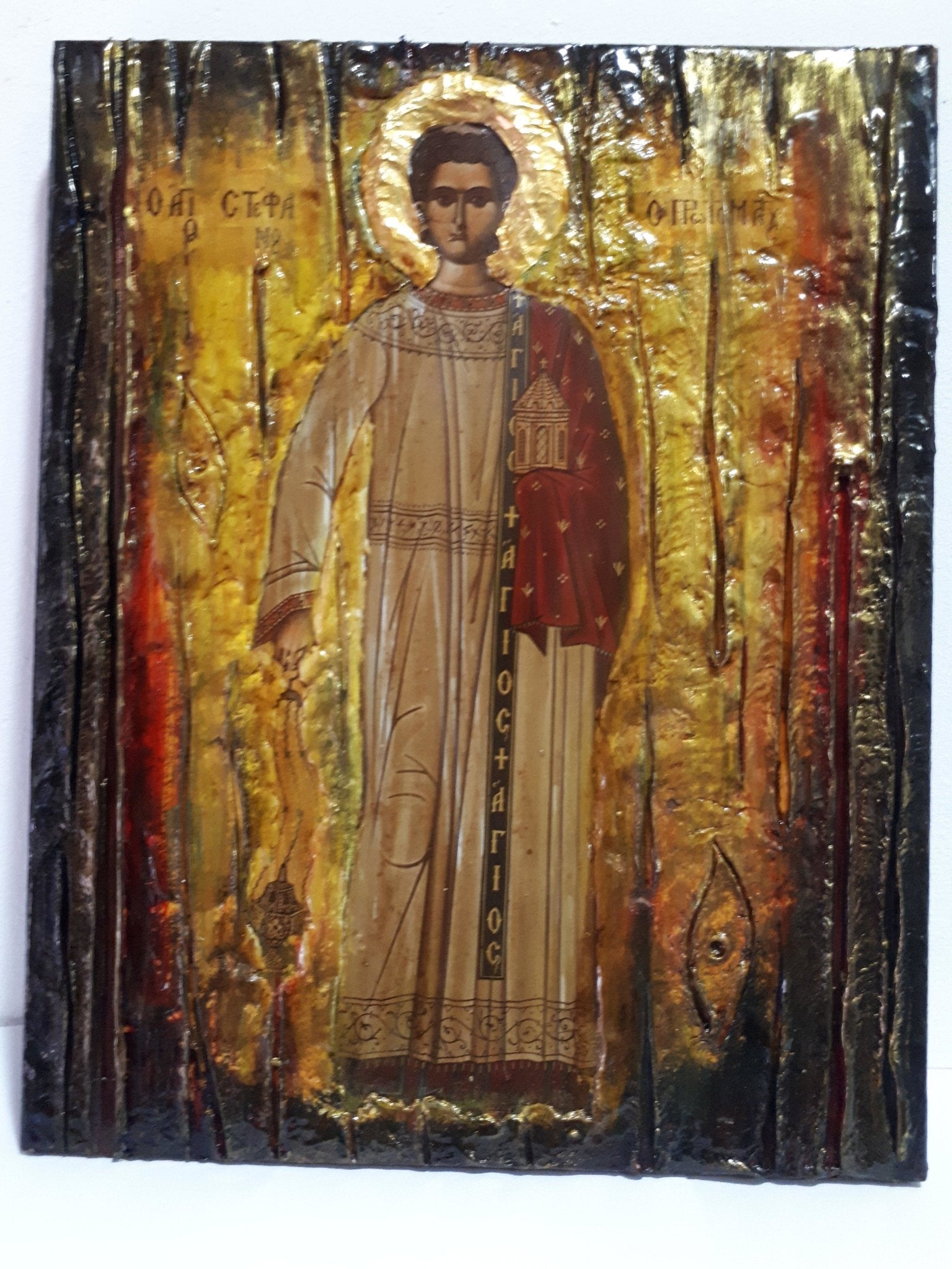 Saint Stefanos Stephen Wooden Greek Icon-Christian Orthodox Wood Icons - Vanas Collection