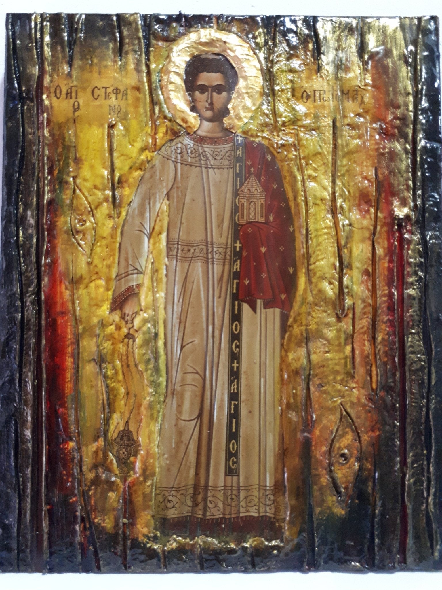 Saint Stefanos Stephen Wooden Greek Icon-Christian Orthodox Wood Icons - Vanas Collection