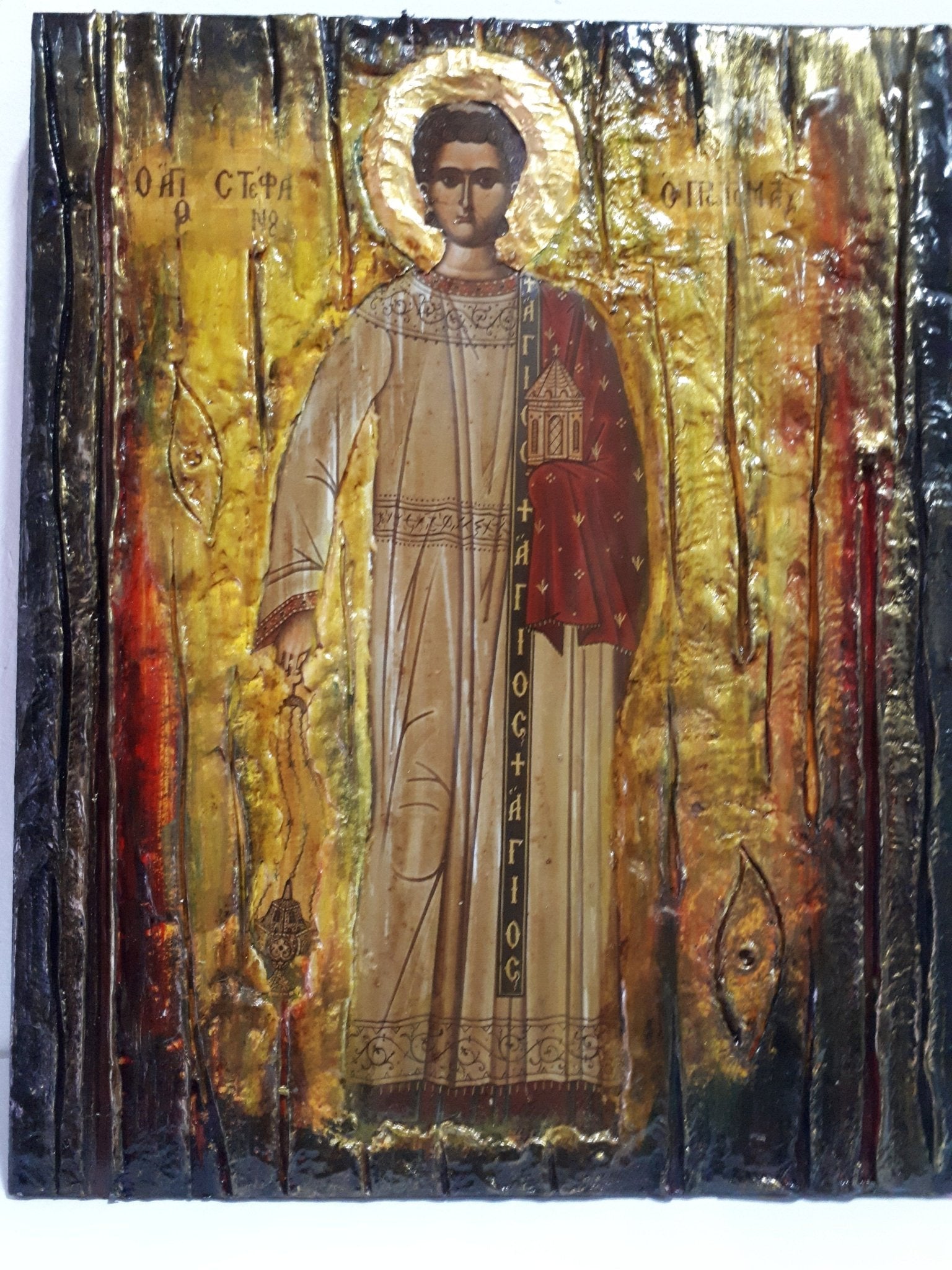 Saint Stefanos Stephen Wooden Greek Icon-Christian Orthodox Wood Icons - Vanas Collection