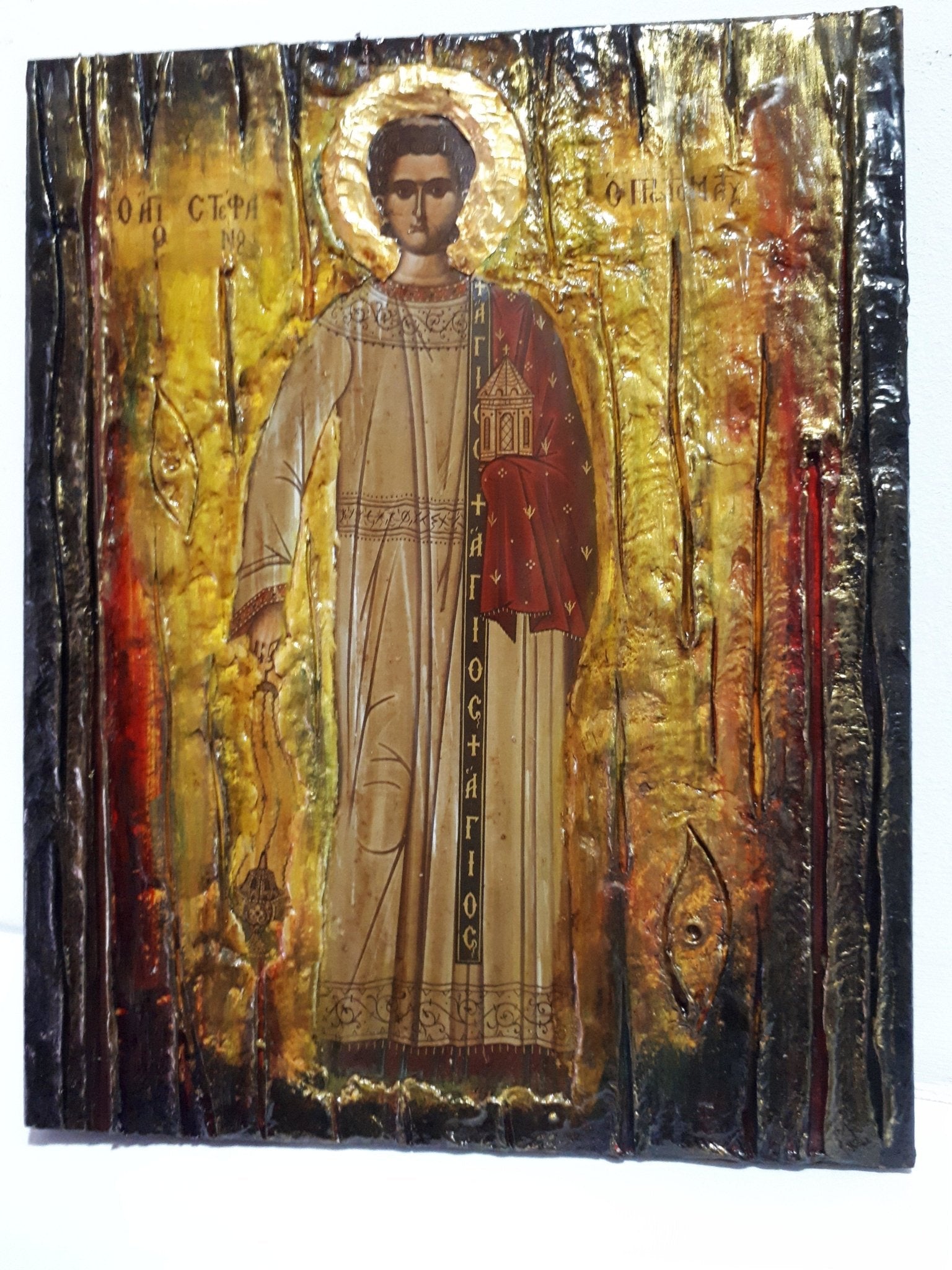 Saint Stefanos Stephen Wooden Greek Icon-Christian Orthodox Wood Icons - Vanas Collection