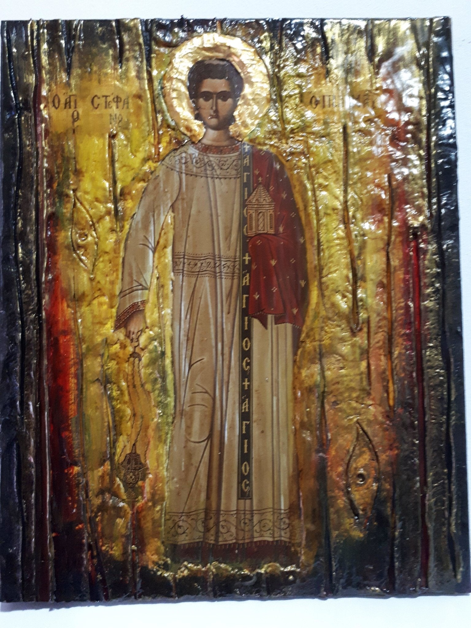 Saint Stefanos Stephen Wooden Greek Icon-Christian Orthodox Wood Icons - Vanas Collection