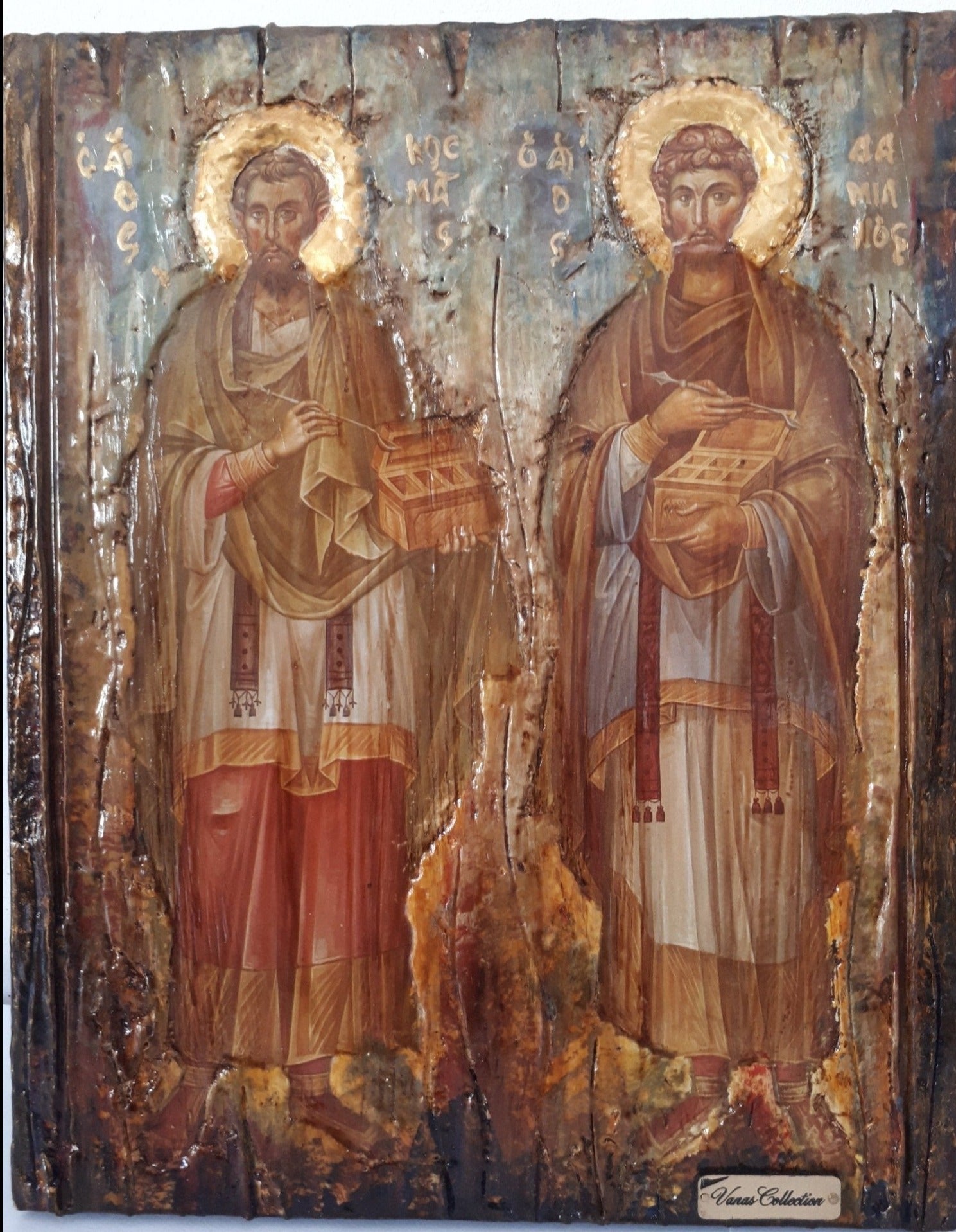 Saints Kosmas and Damianos Icon- Antique Style Greek Russian Byzantine Orthodox Icons - Vanas Collection