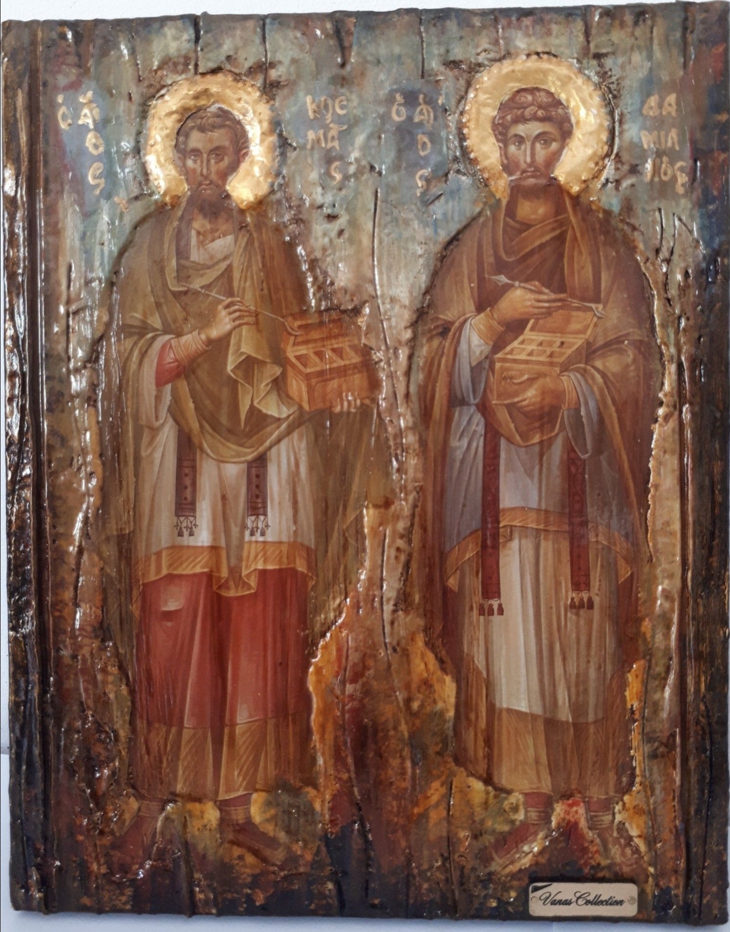 Saints Kosmas and Damianos Icon- Antique Style Greek Russian Byzantine Orthodox Icons - Vanas Collection