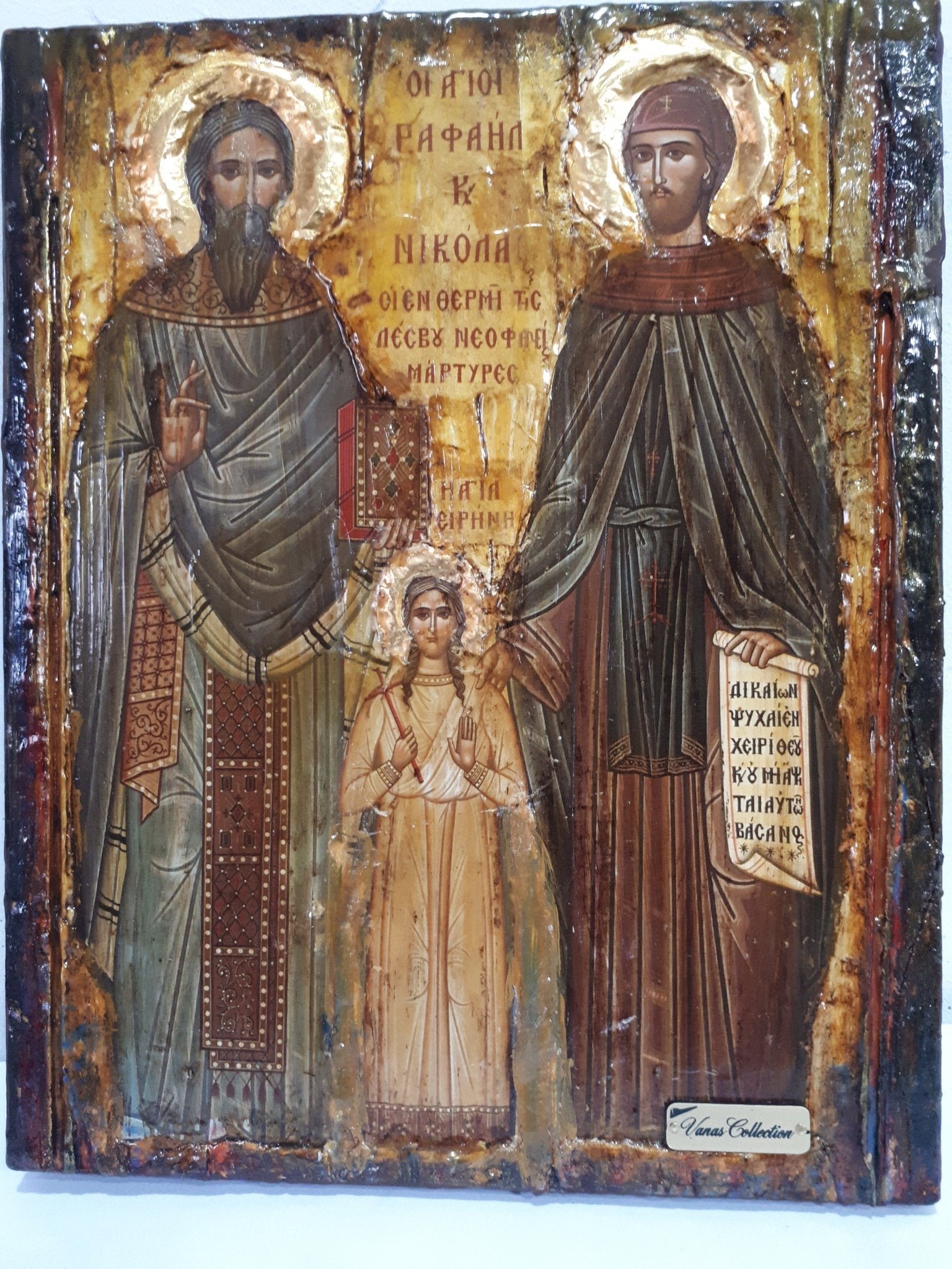 St. Raphael, St. Irene & St. Nicholas-Greek Orthodox Byzantine Handmade Icons - Vanas Collection