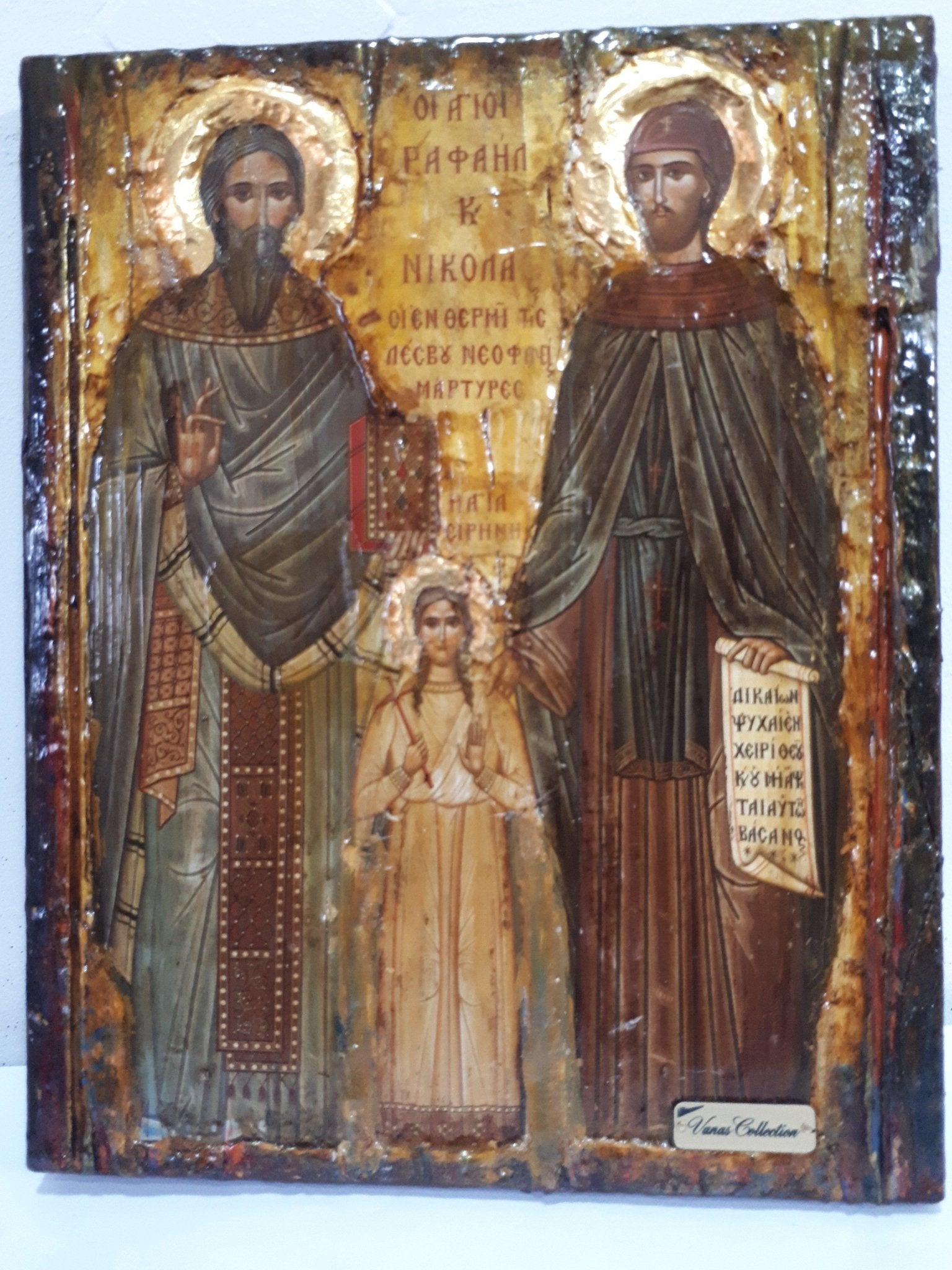 St. Raphael, St. Irene & St. Nicholas-Greek Orthodox Byzantine Handmade Icons - Vanas Collection