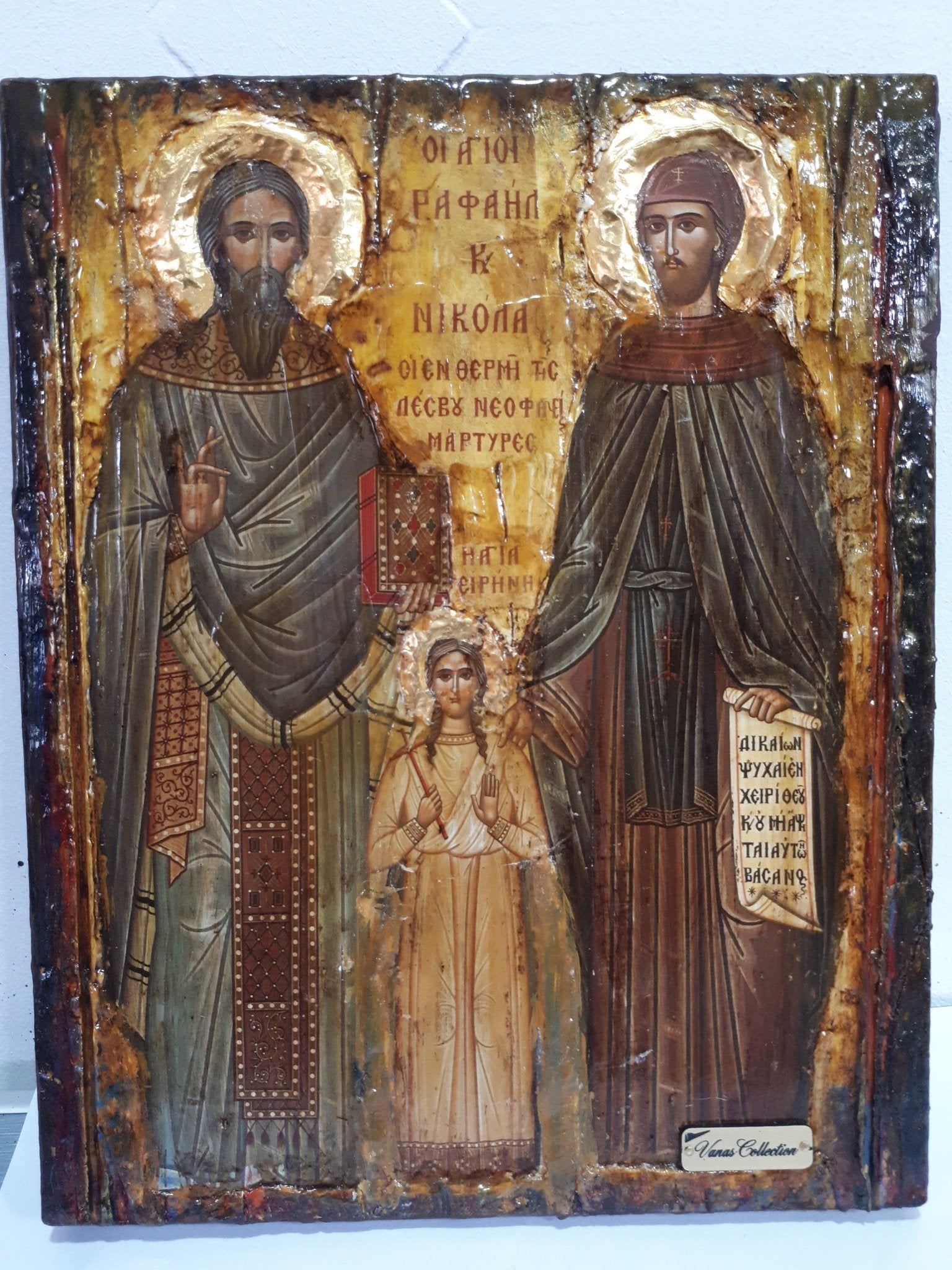 St. Raphael, St. Irene & St. Nicholas-Greek Orthodox Byzantine Handmade Icons - Vanas Collection