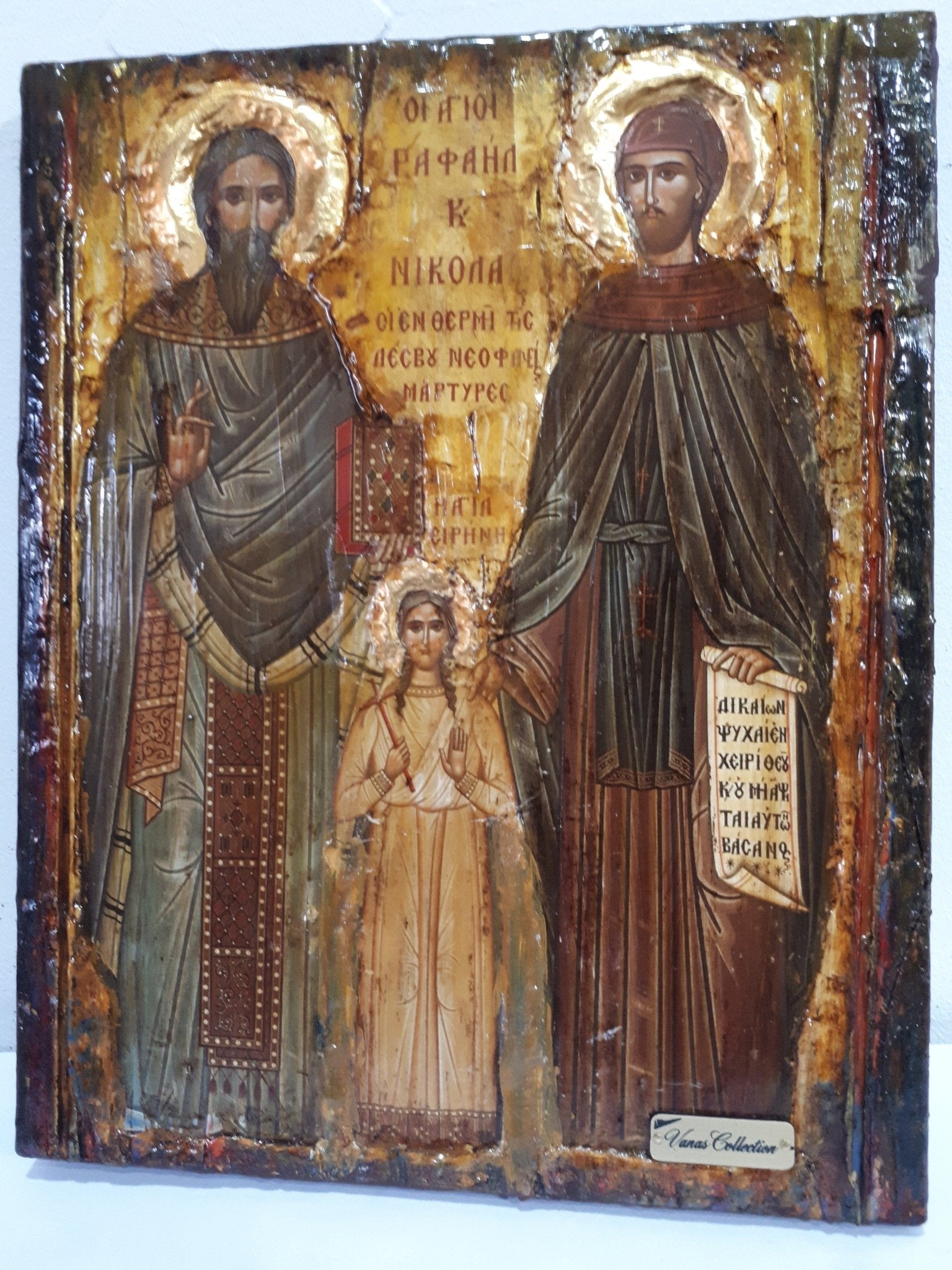 St. Raphael, St. Irene & St. Nicholas-Greek Orthodox Byzantine Handmade Icons - Vanas Collection