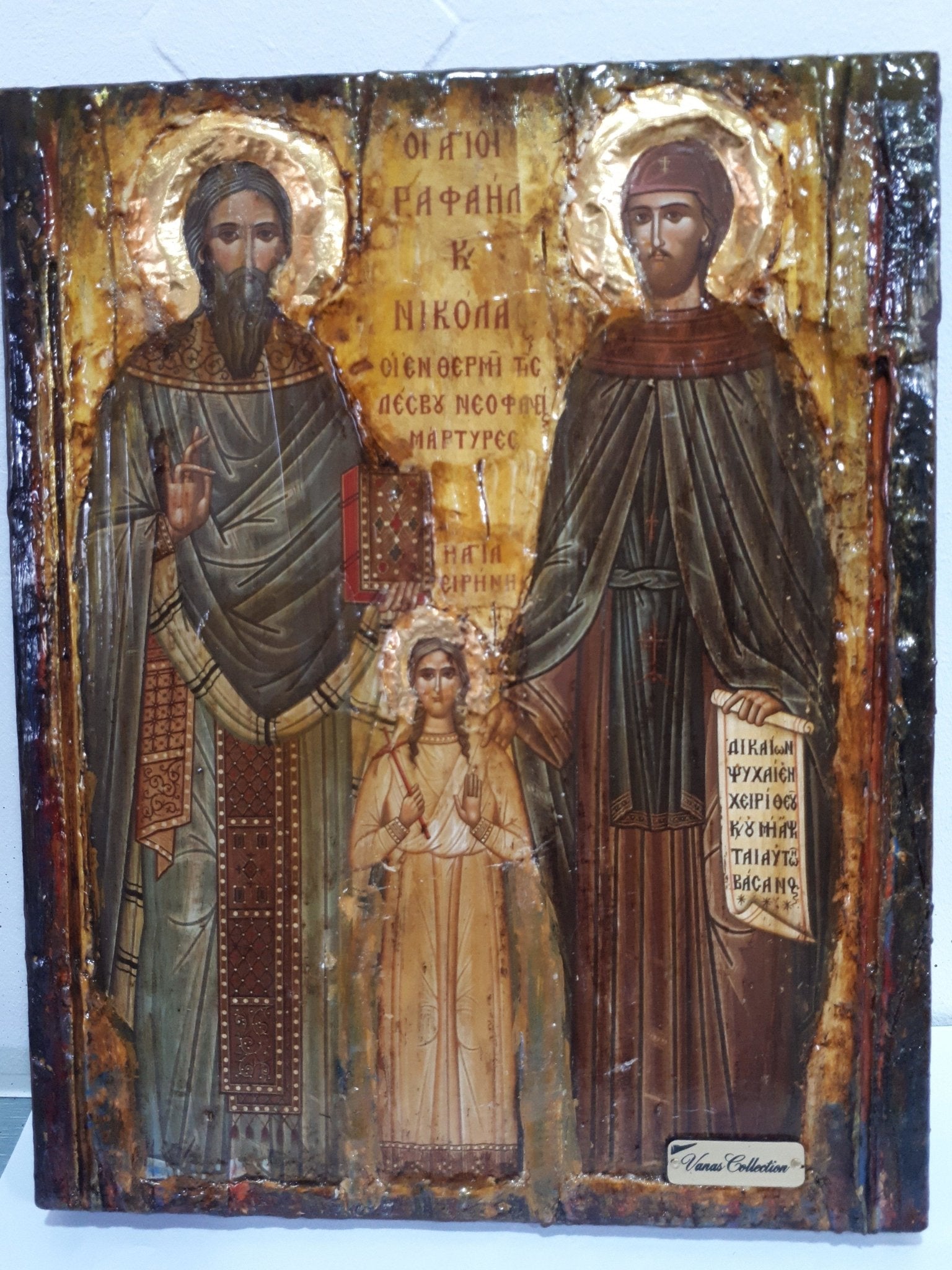 St. Raphael, St. Irene & St. Nicholas-Greek Orthodox Byzantine Handmade Icons - Vanas Collection