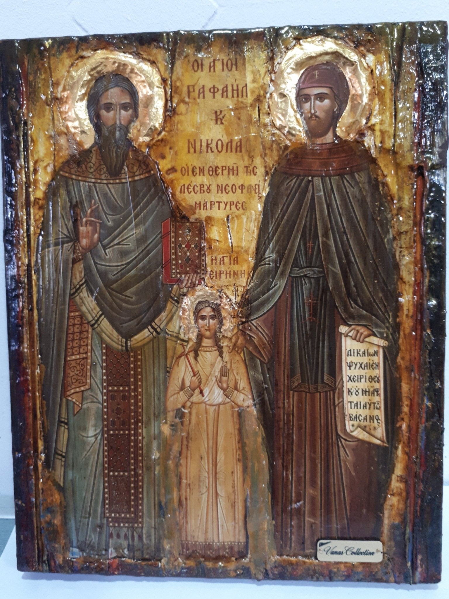 St. Raphael, St. Irene & St. Nicholas-Greek Orthodox Byzantine Handmade Icons - Vanas Collection