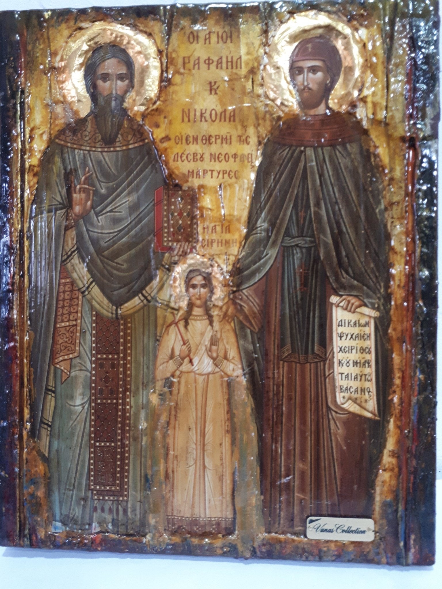 St. Raphael, St. Irene & St. Nicholas-Greek Orthodox Byzantine Handmade Icons - Vanas Collection