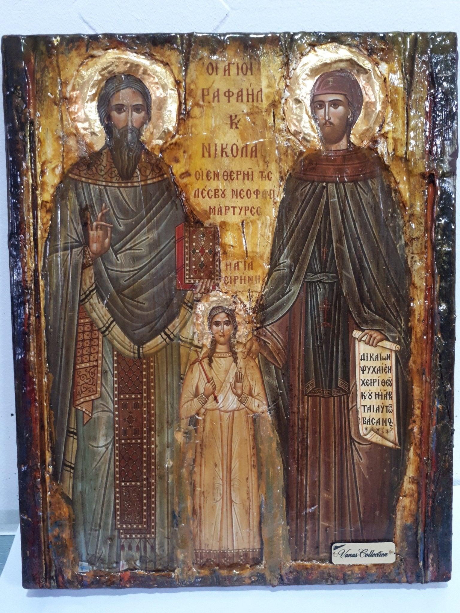 St. Raphael, St. Irene & St. Nicholas-Greek Orthodox Byzantine Handmade Icons - Vanas Collection