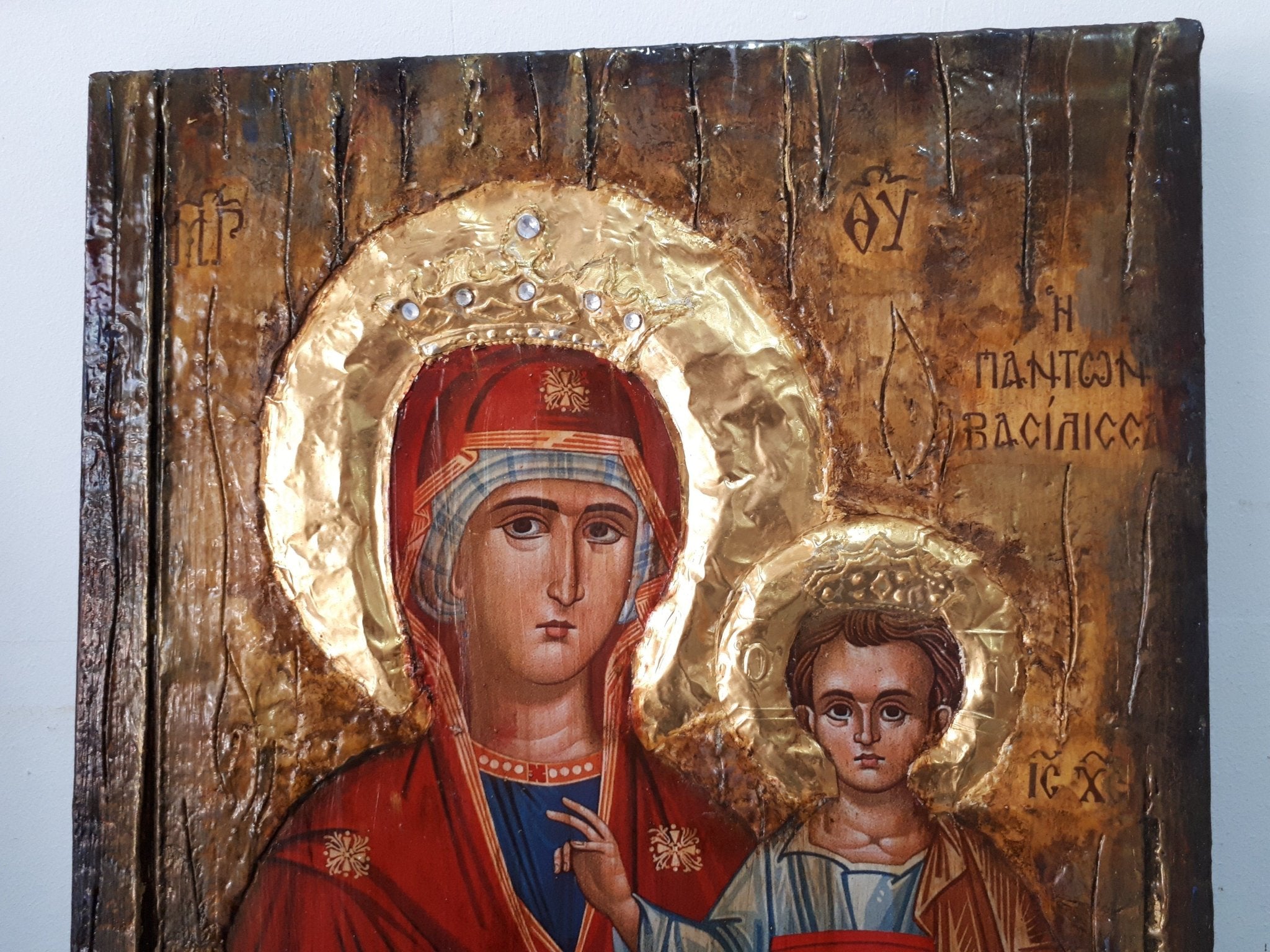 Virgin Mary Maria Queen of All-Jesus Christ Orthodox Handmade Antique Style Icon - Vanas Collection