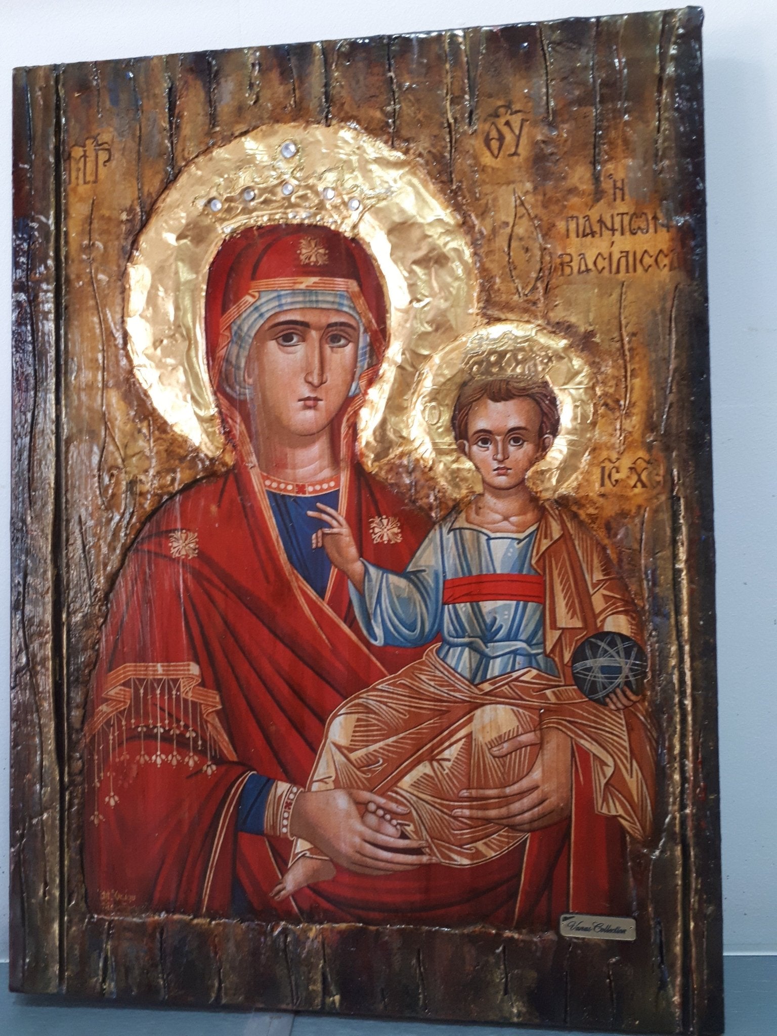 Virgin Mary Maria Queen of All-Jesus Christ Orthodox Handmade Antique Style Icon - Vanas Collection