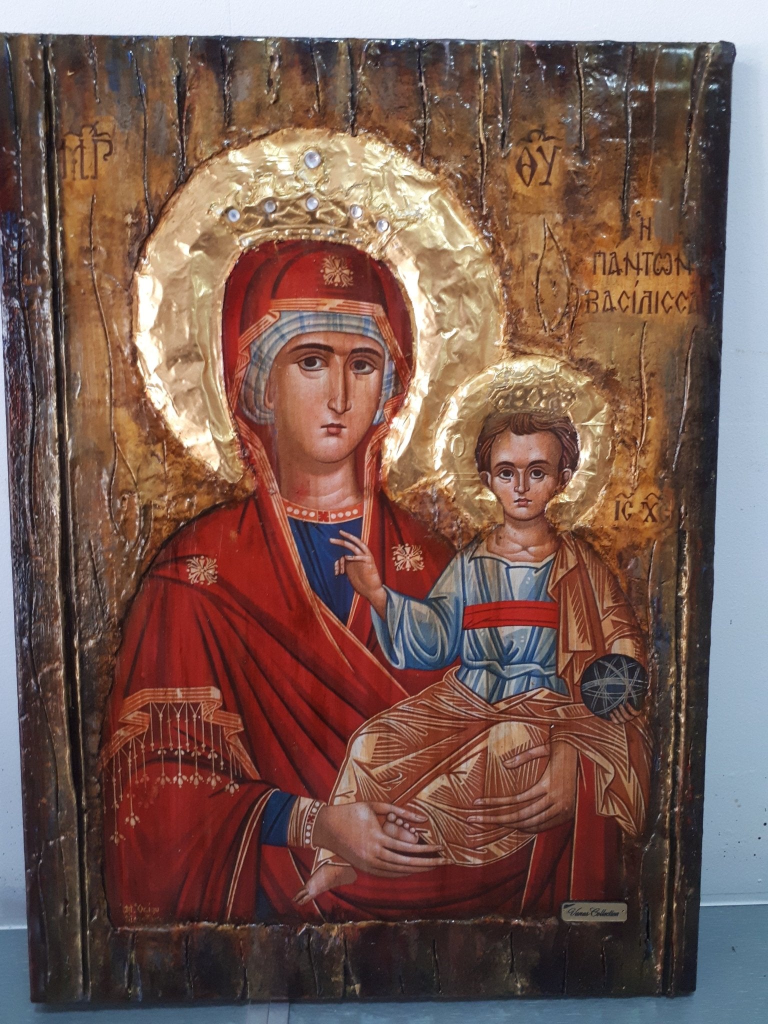 Virgin Mary Maria Queen of All-Jesus Christ Orthodox Handmade Antique Style Icon - Vanas Collection