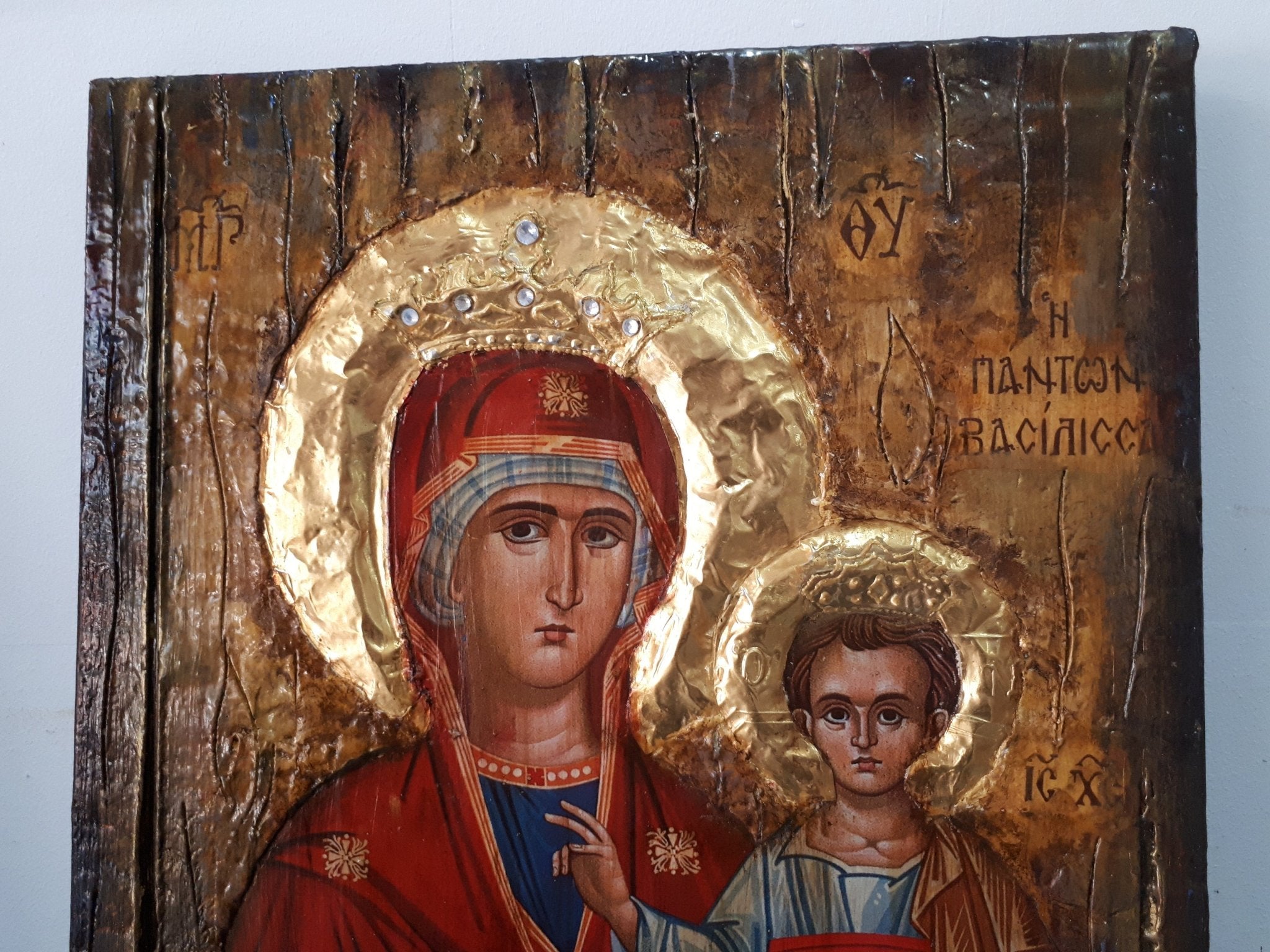 Virgin Mary Maria Queen of All-Jesus Christ Orthodox Handmade Antique Style Icon - Vanas Collection