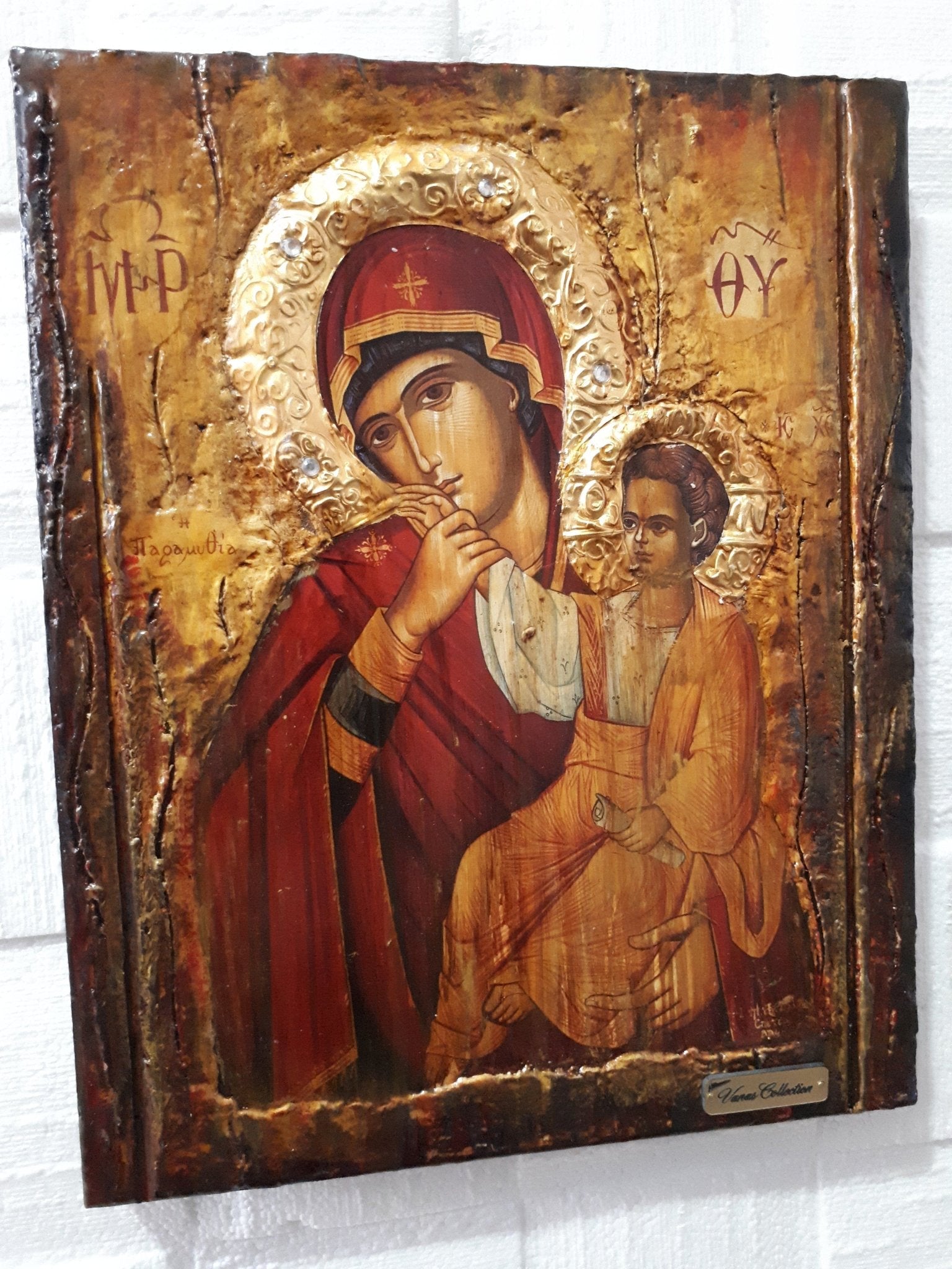 Virgin Mary Panagia Paramythia-Orthodox Greek Byzantine Wood Antique Style Icons - Vanas Collection