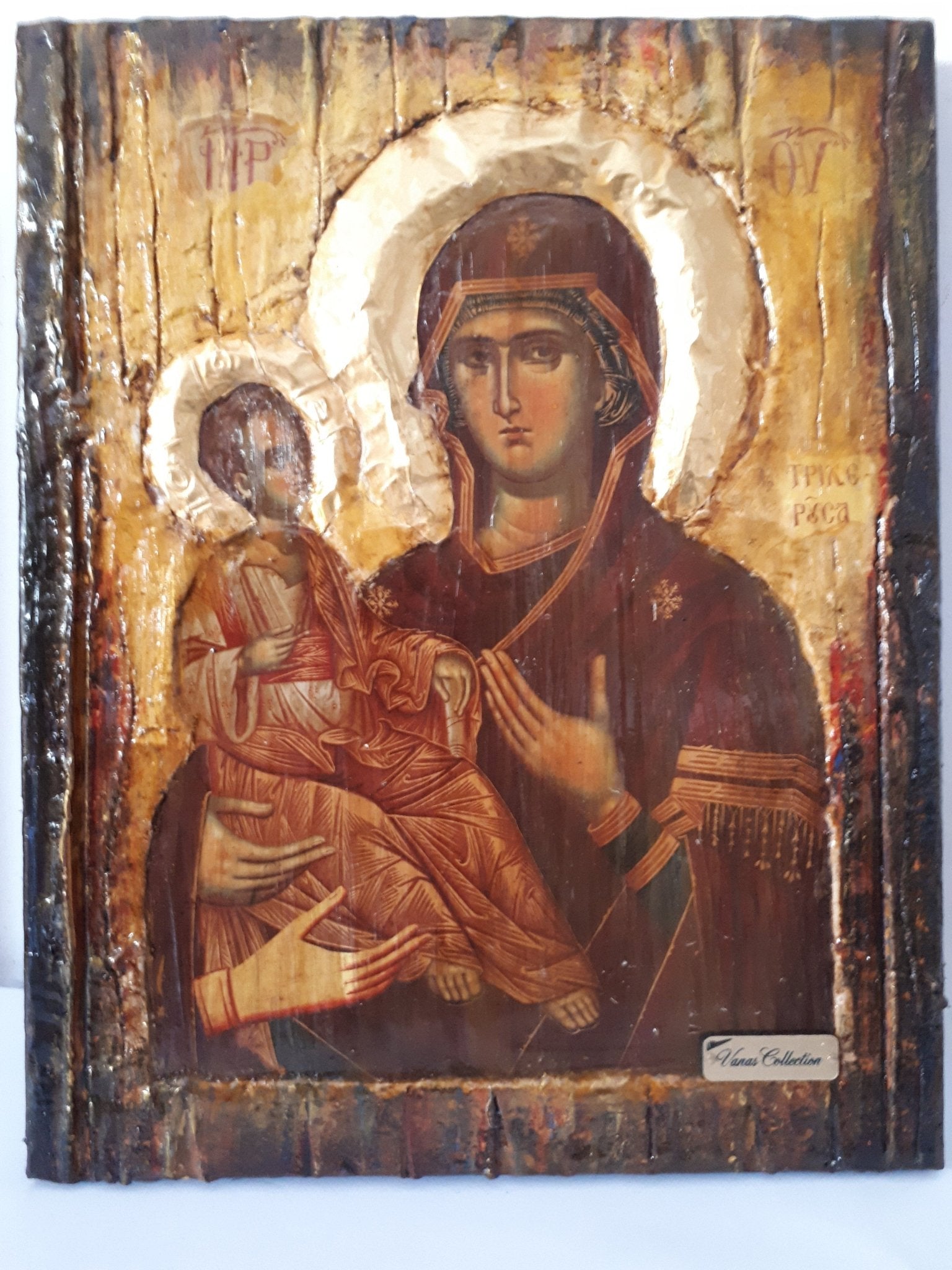 Virgin Mary Panagia Tricherousa-Orthodox Greek Byzantine Wood Antique Style Icon - Vanas Collection