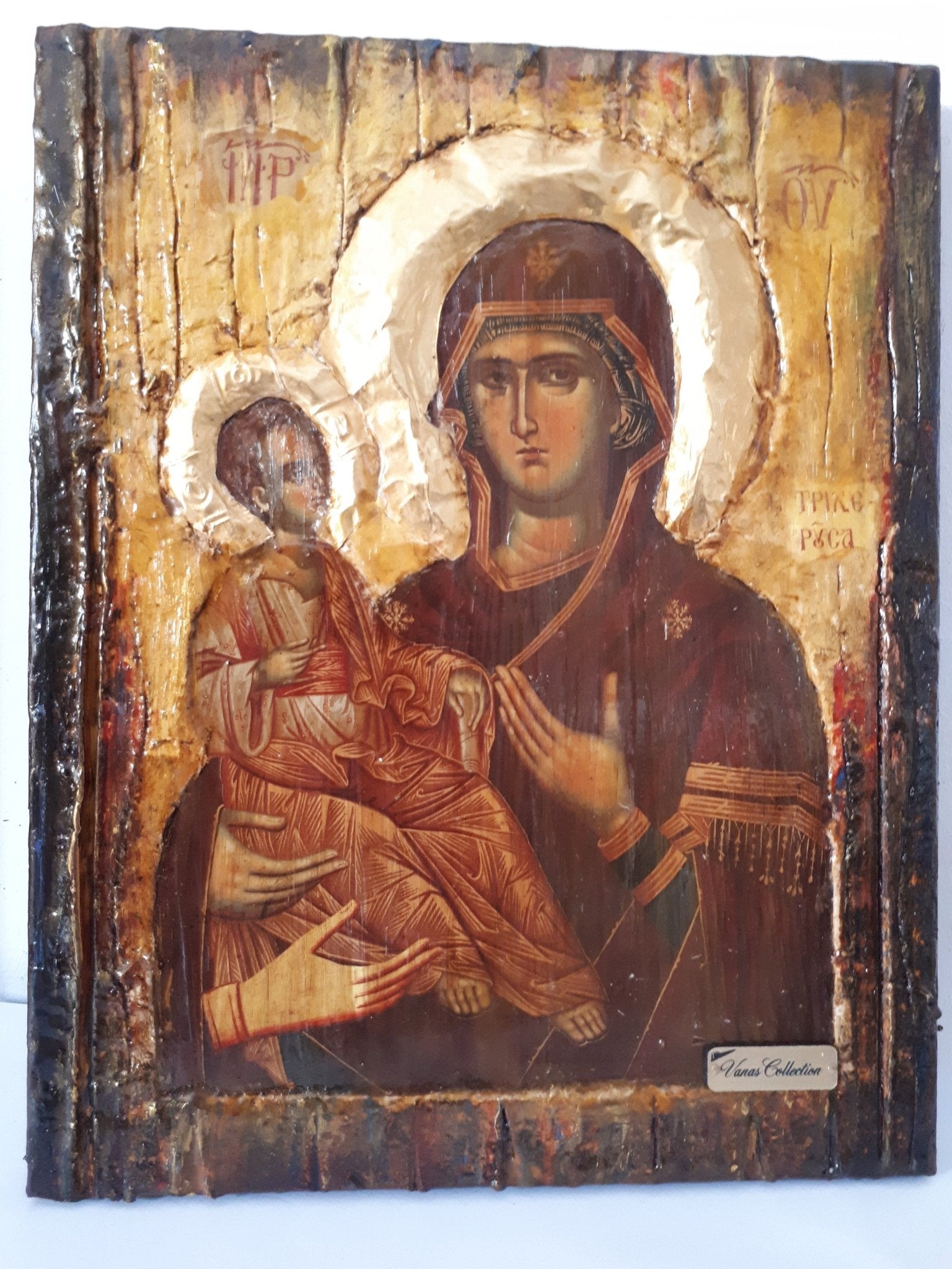 Virgin Mary Panagia Tricherousa-Orthodox Greek Byzantine Wood Antique Style Icon - Vanas Collection