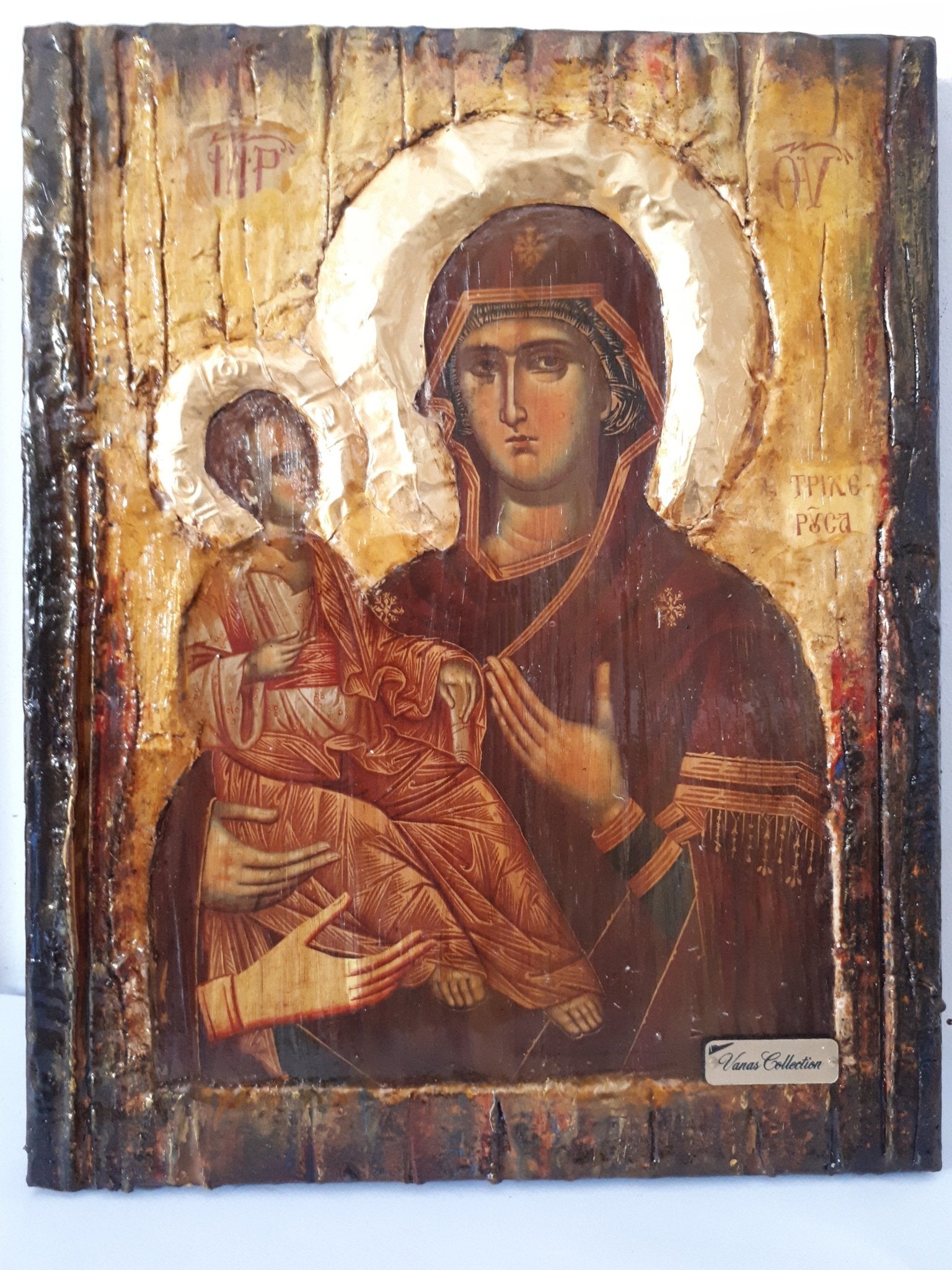 Virgin Mary Panagia Tricherousa-Orthodox Greek Byzantine Wood Antique Style Icon - Vanas Collection