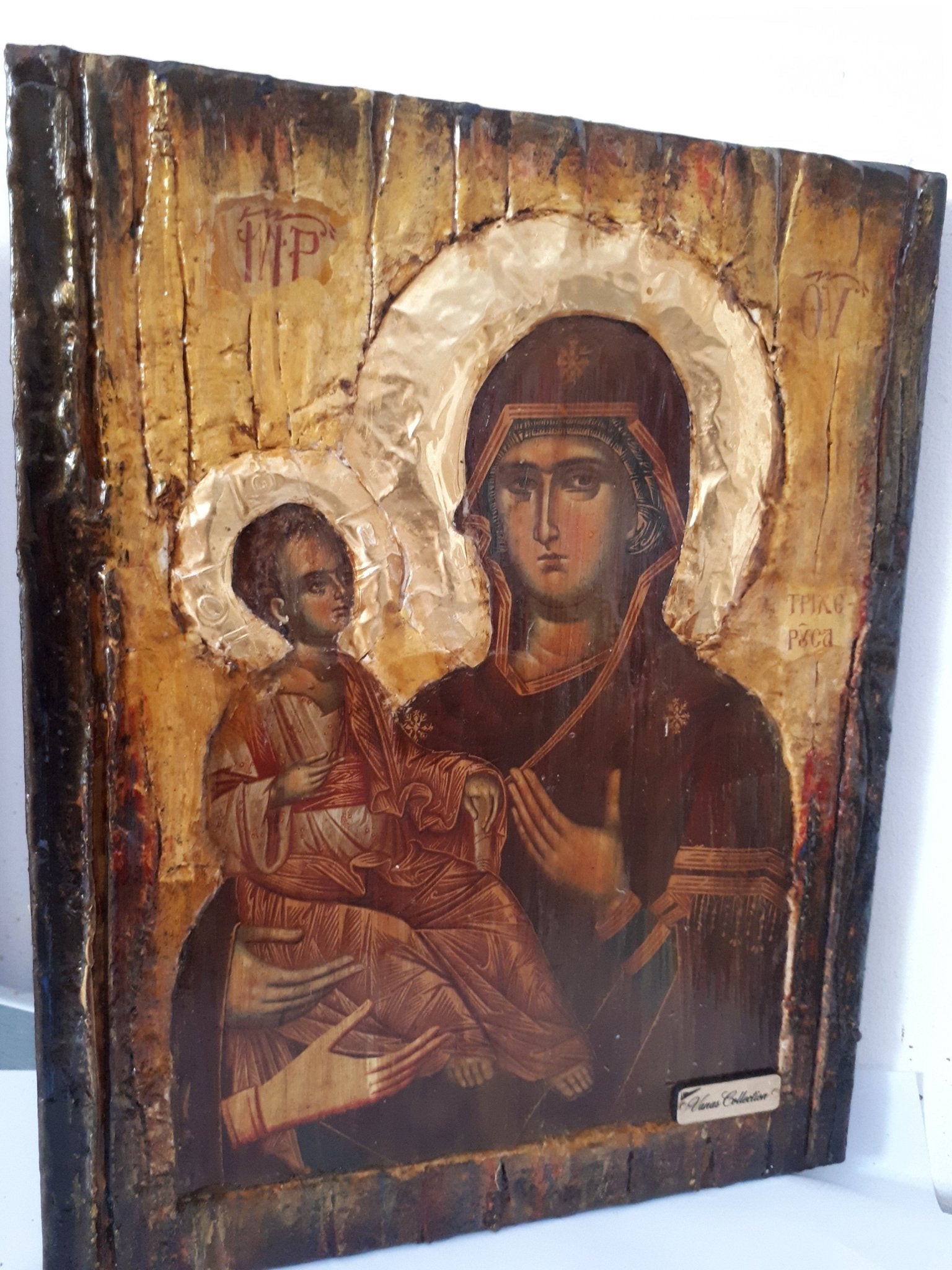 Virgin Mary Panagia Tricherousa-Orthodox Greek Byzantine Wood Antique Style Icon - Vanas Collection