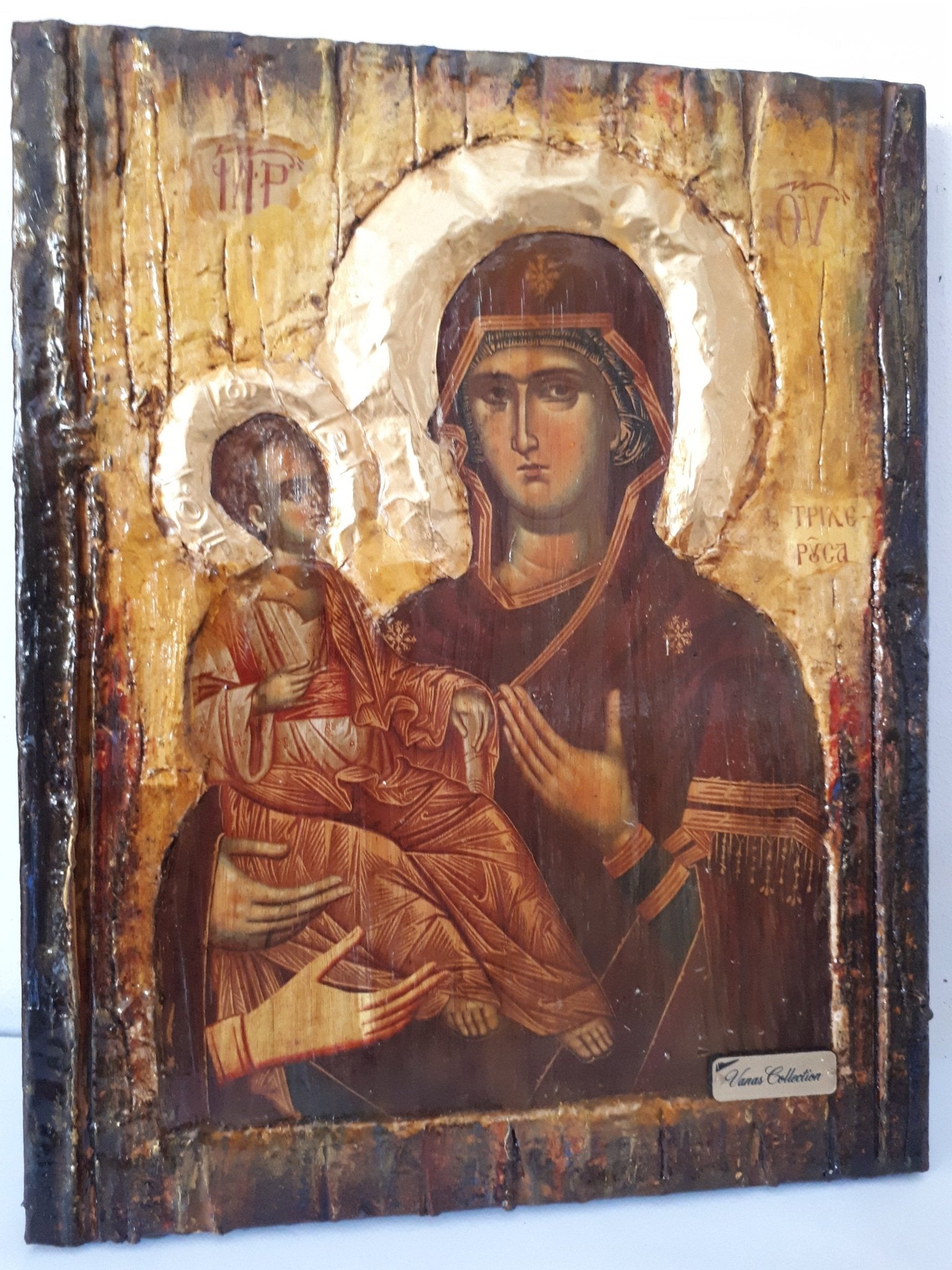 Virgin Mary Panagia Tricherousa-Orthodox Greek Byzantine Wood Antique Style Icon - Vanas Collection