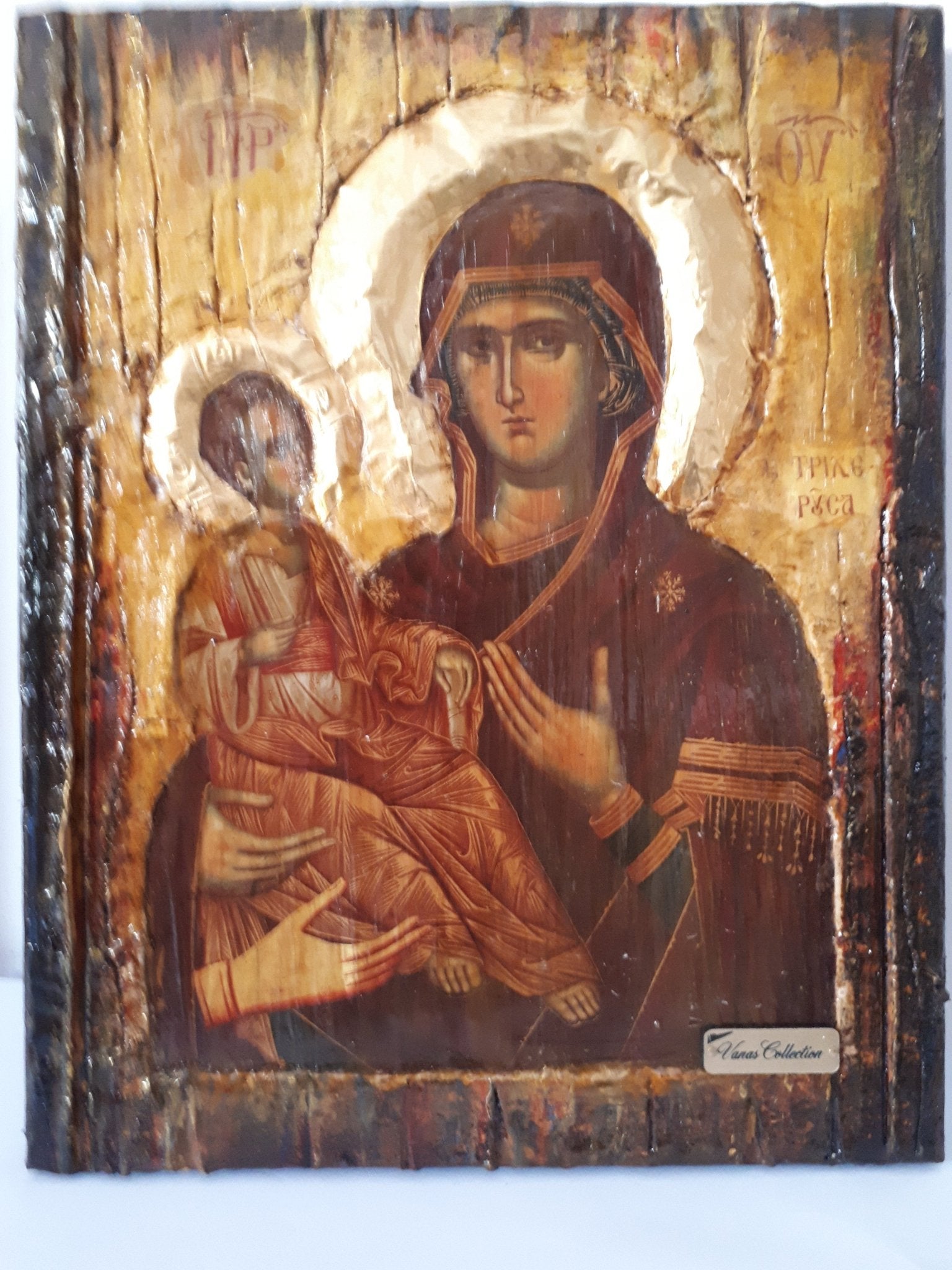 Virgin Mary Panagia Tricherousa-Orthodox Greek Byzantine Wood Antique Style Icon - Vanas Collection