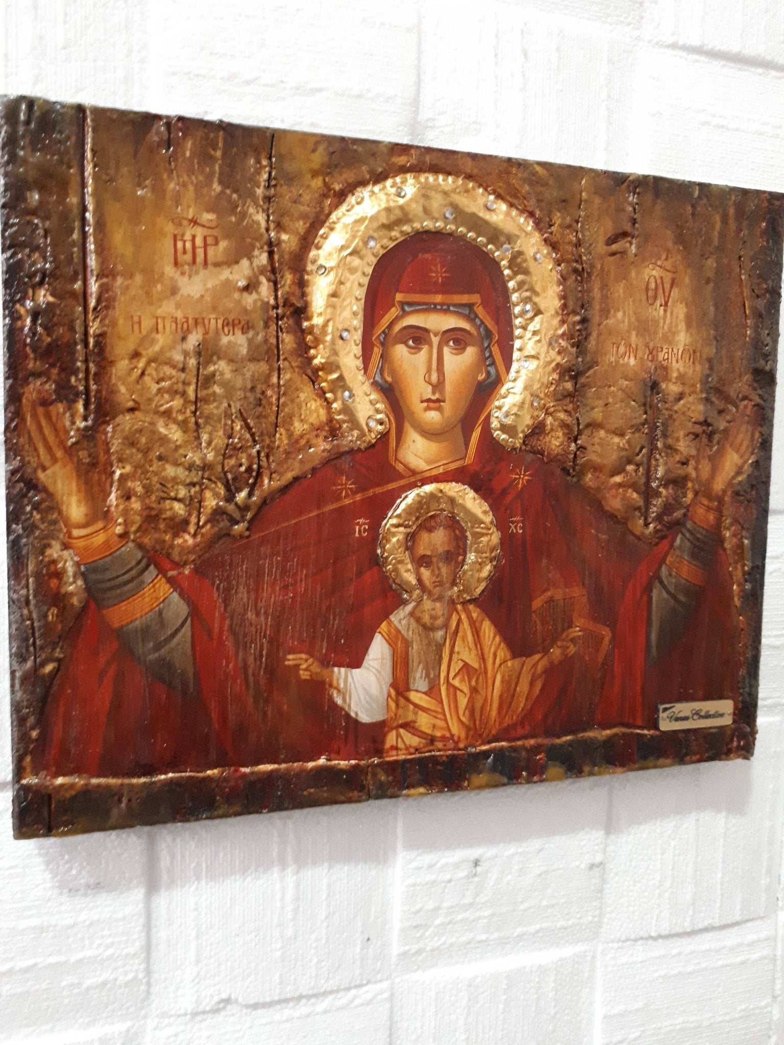 Virgin Mary PLATYTERA OURANON-Jesus Christianity Orthodox Greek Handmade Unique Icon - Vanas Collection