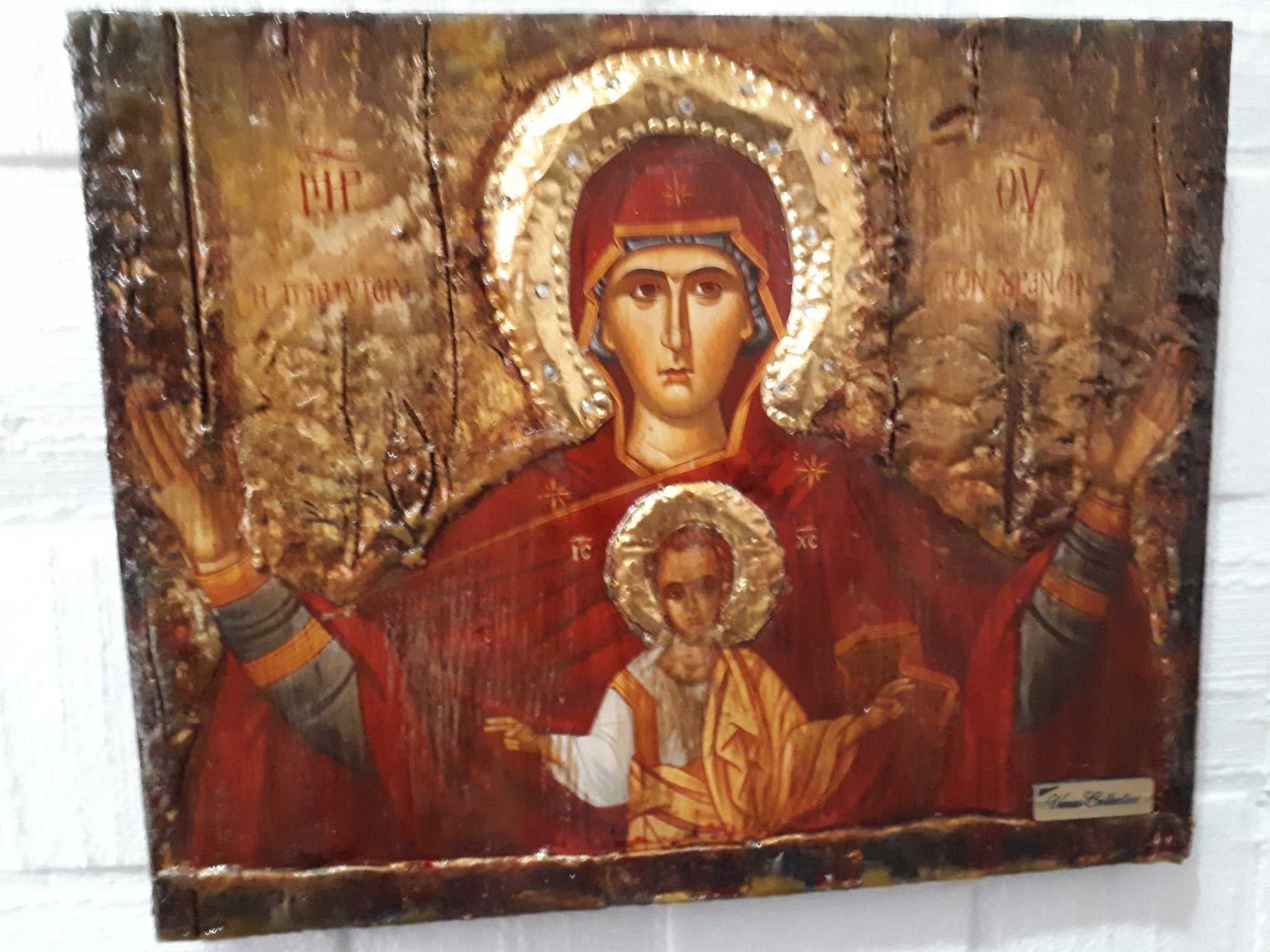 Virgin Mary PLATYTERA OURANON-Jesus Christianity Orthodox Greek Handmade Unique Icon - Vanas Collection