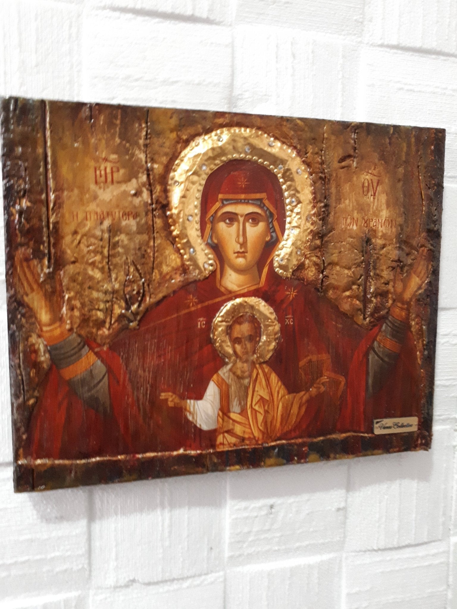 Virgin Mary PLATYTERA OURANON-Jesus Christianity Orthodox Greek Handmade Unique Icon - Vanas Collection